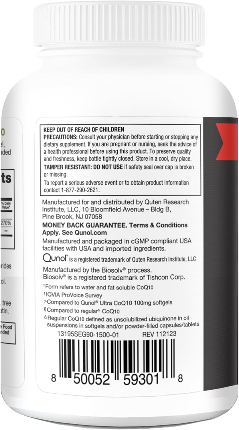 Qunol CoQ10 200mg Softgels - High Absorption Coenzyme Q10 Supplement for Heart Health - Antioxidant for Energy & Vascular Support - 90 Count