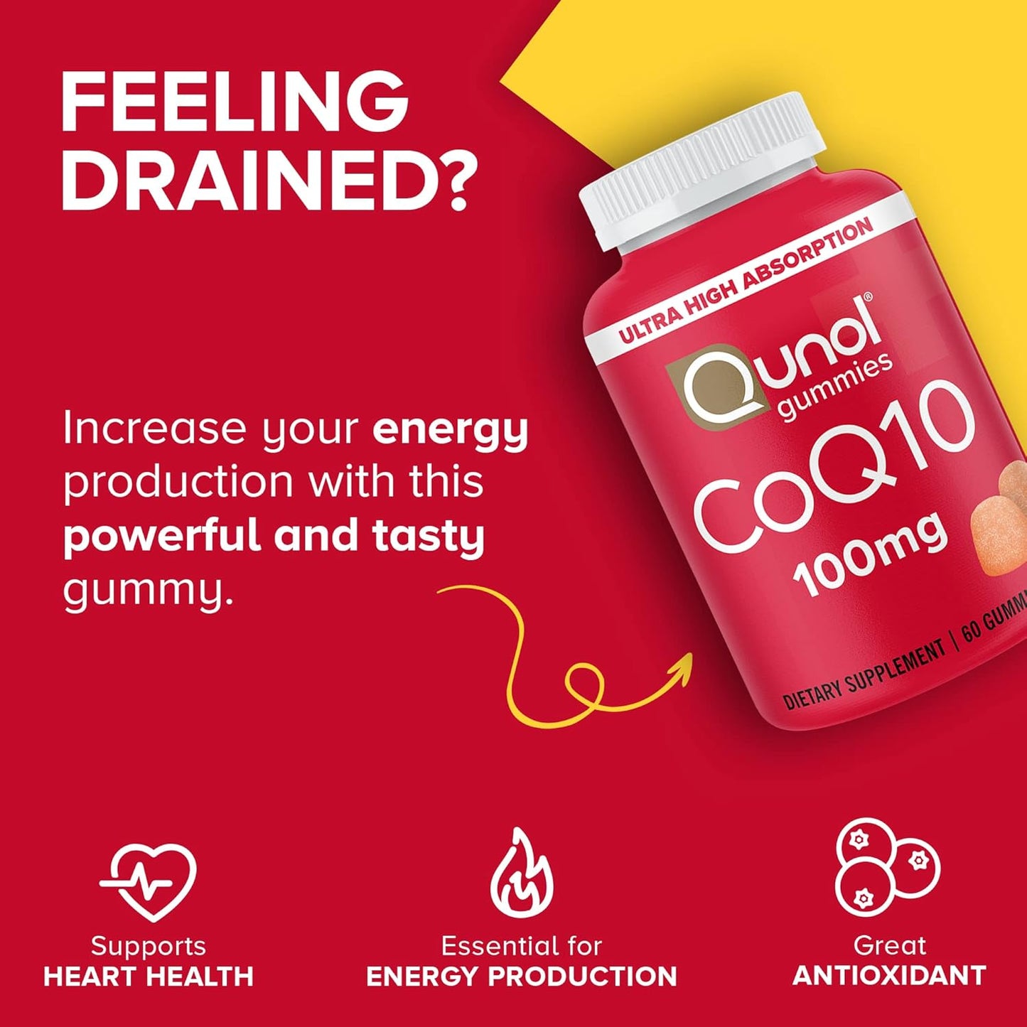 Qunol CoQ10 Gummies - 100mg, Heart Health Support, Vegan & Gluten Free, High Absorption, 2 Month Supply (120 Gummies)