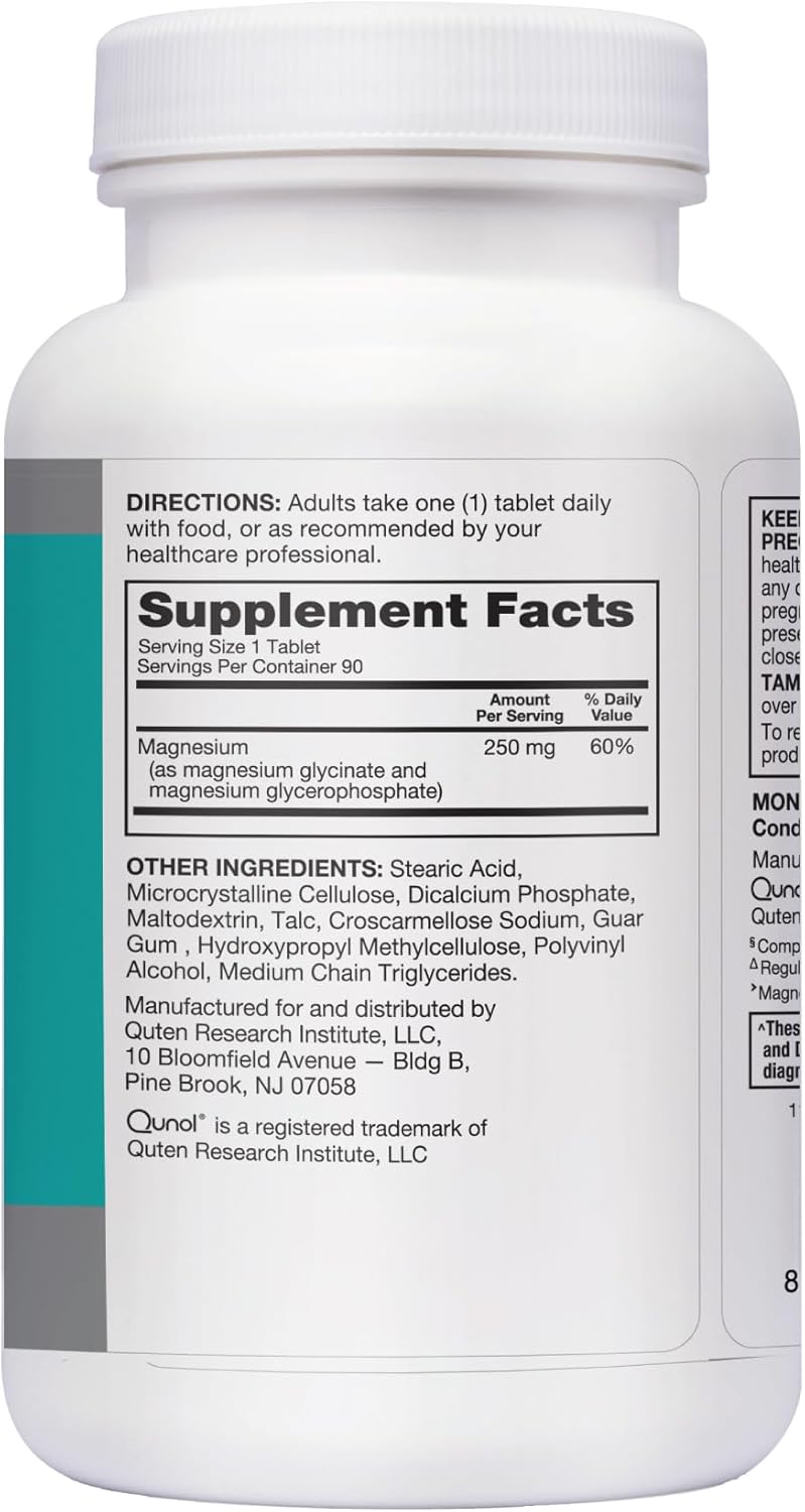 Qunol Magnesium Glycinate Complex 250mg - Gentle on Stomach - Superior-Absorption Nerve, Bone, and Muscle Health Supplement - 90 Count