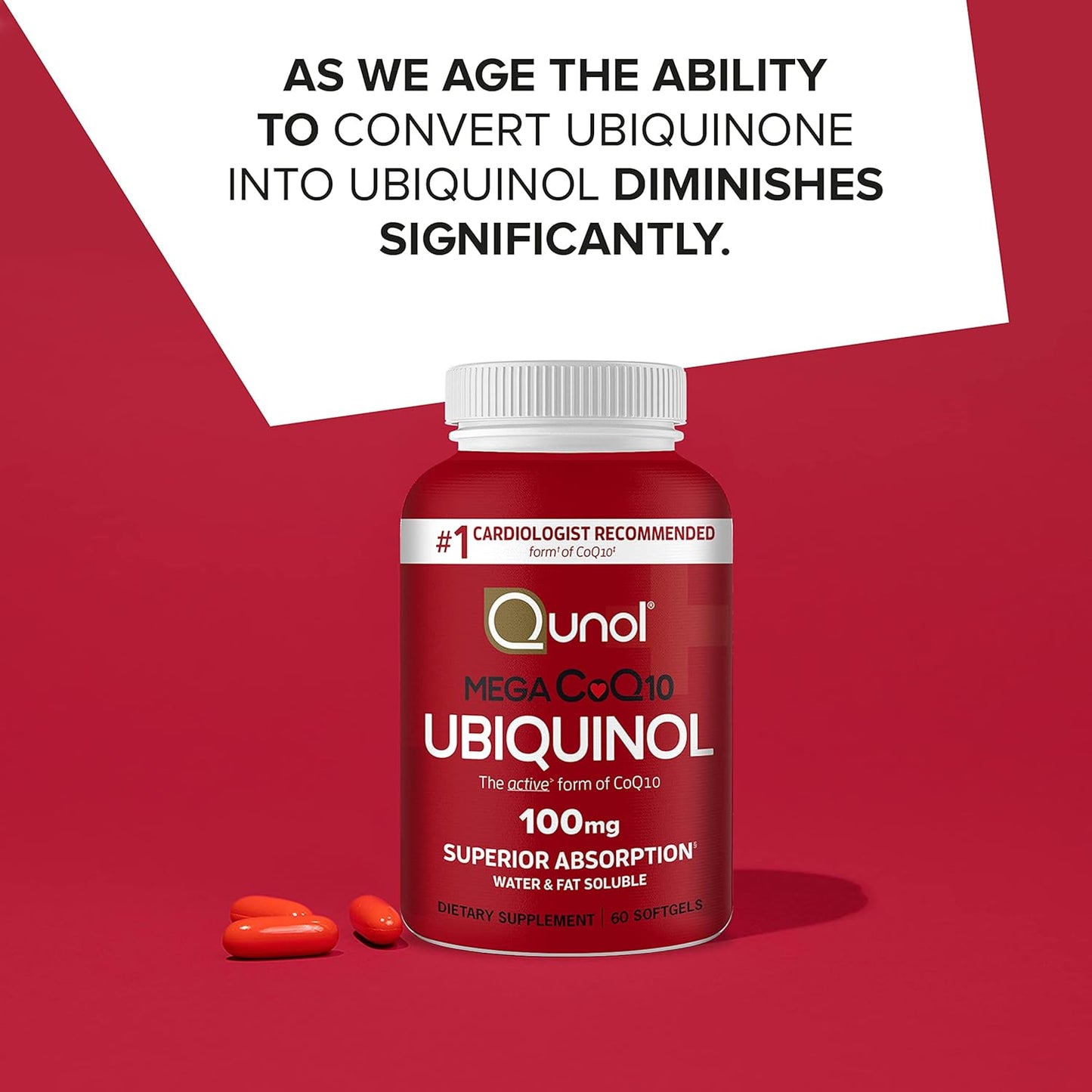 Qunol Mega Ubiquinol CoQ10 100mg Softgels - Superior Absorption - Heart Health & Blood Pressure Support - 2 Month Supply - 60 Count