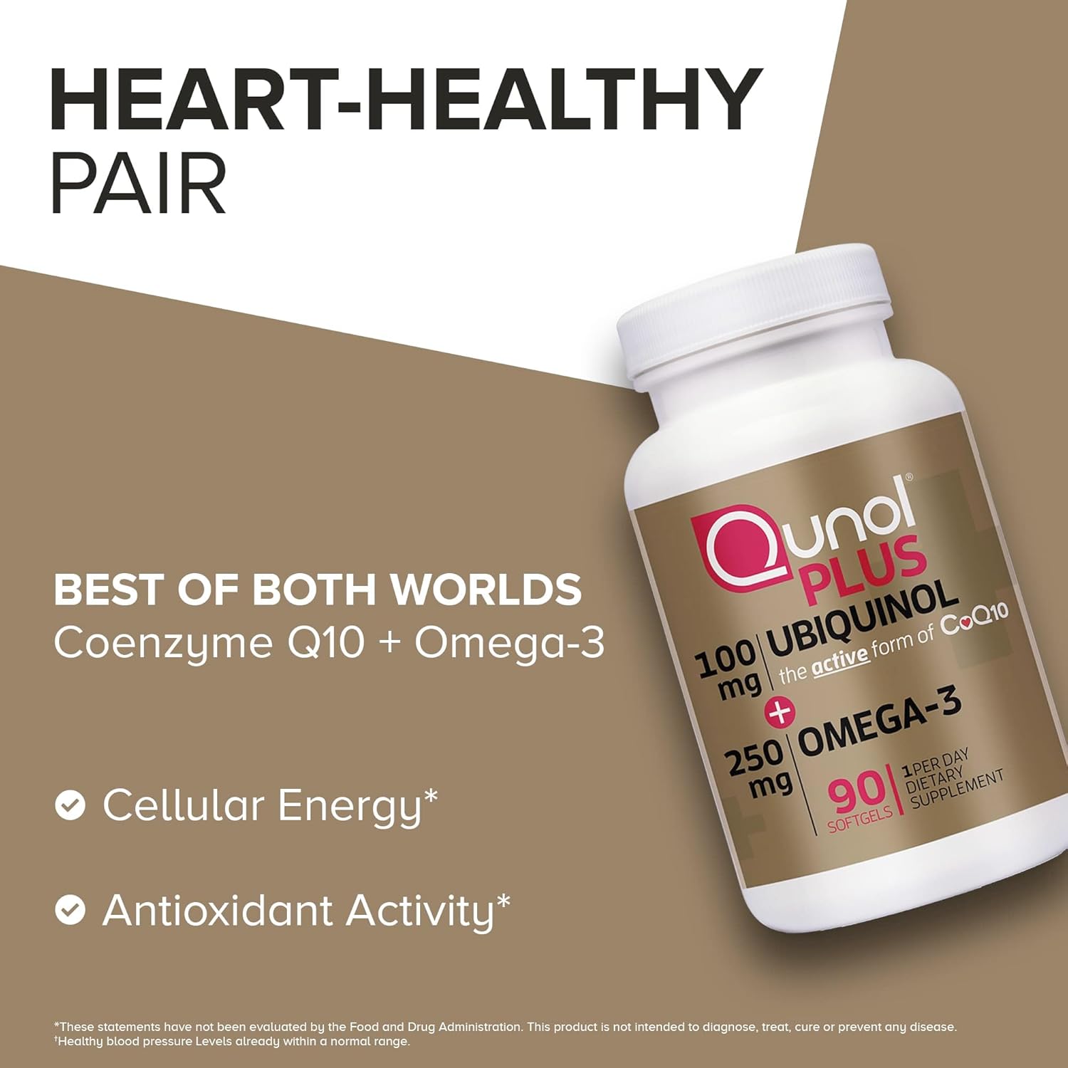 Qunol Plus Ubiquinol with Omega-3 Fish Oil - Heart Health Antioxidant Supplement, CoQ10 Active Form, 90 Count