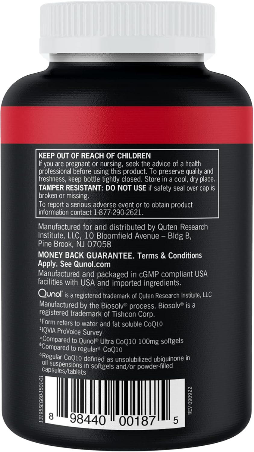 Qunol Ultra CoQ10 200mg Softgels - High Absorption Coenzyme Q10 Supplement for Heart Health - Antioxidant for Energy - 60ct