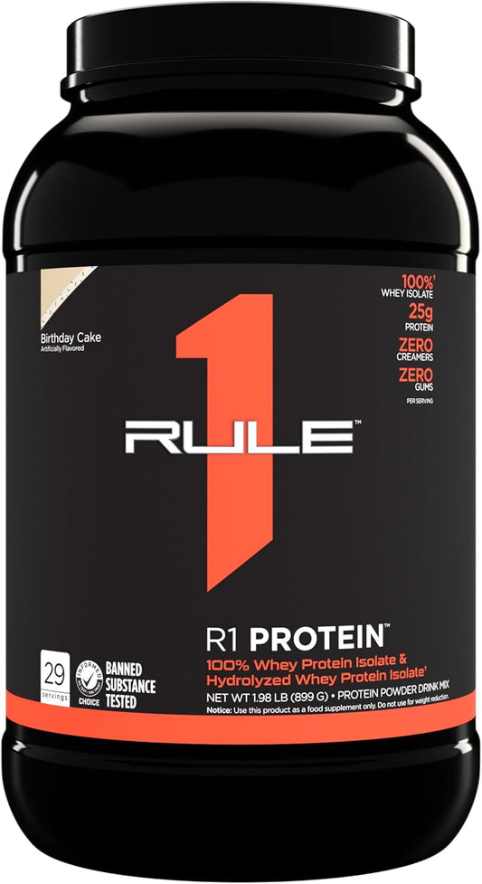 R1 Protein Powder - 25g Fast-Acting Isolate & Hydrolysate with 6g BCAAs (2lb, Birthday Cake Flavor)