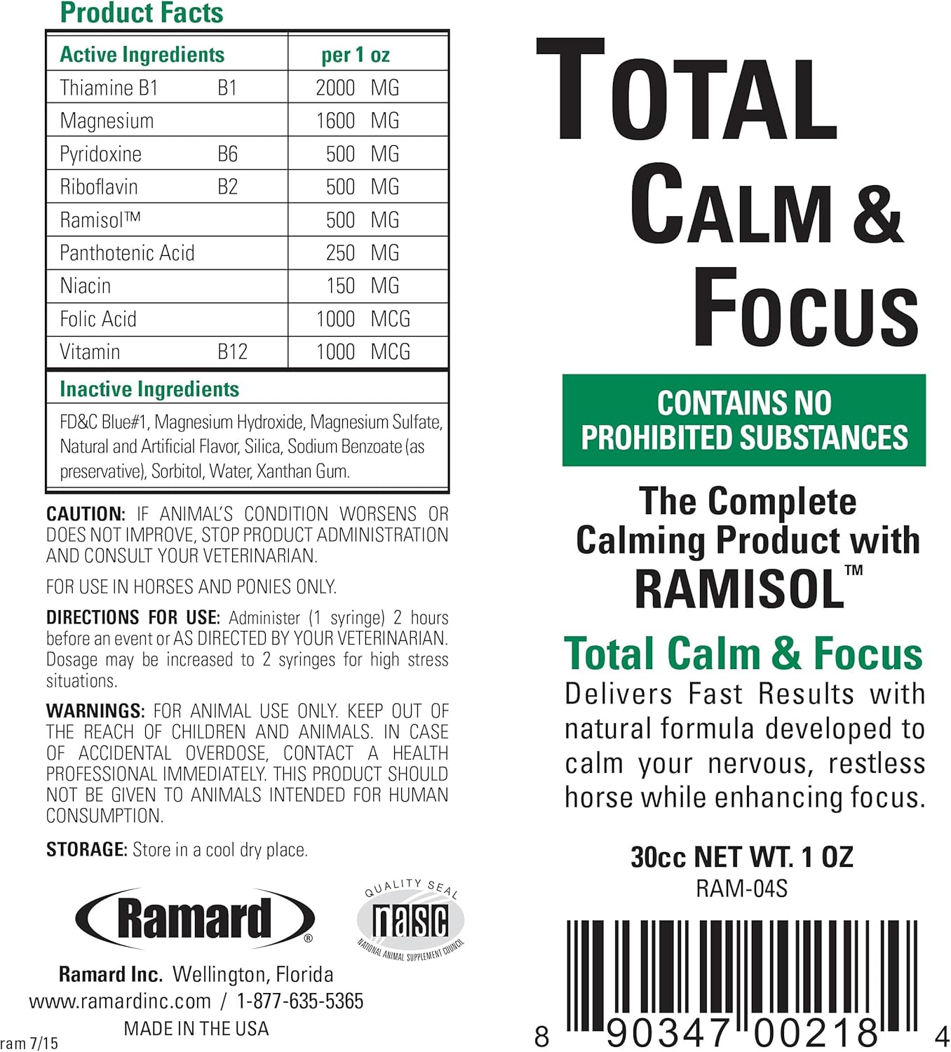 Ramard Total Calm and Focus Horse Supplement with Magnesium for Show Performance - Stress Relief and Mental Clarity Formula for Horses, 1oz Syringe