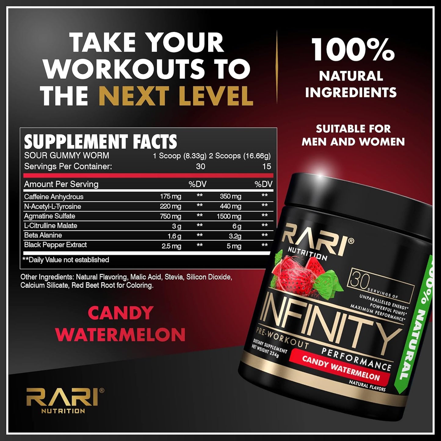 RARI Infinity Pre Workout Performance Powder - High-Performance Energy for Women and Men - Candy Watermelon Flavor - 30 Servings