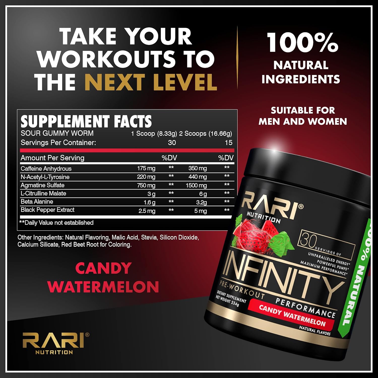 RARI Infinity Pre Workout Performance Powder - High-Performance Energy for Women and Men - Candy Watermelon Flavor - 30 Servings