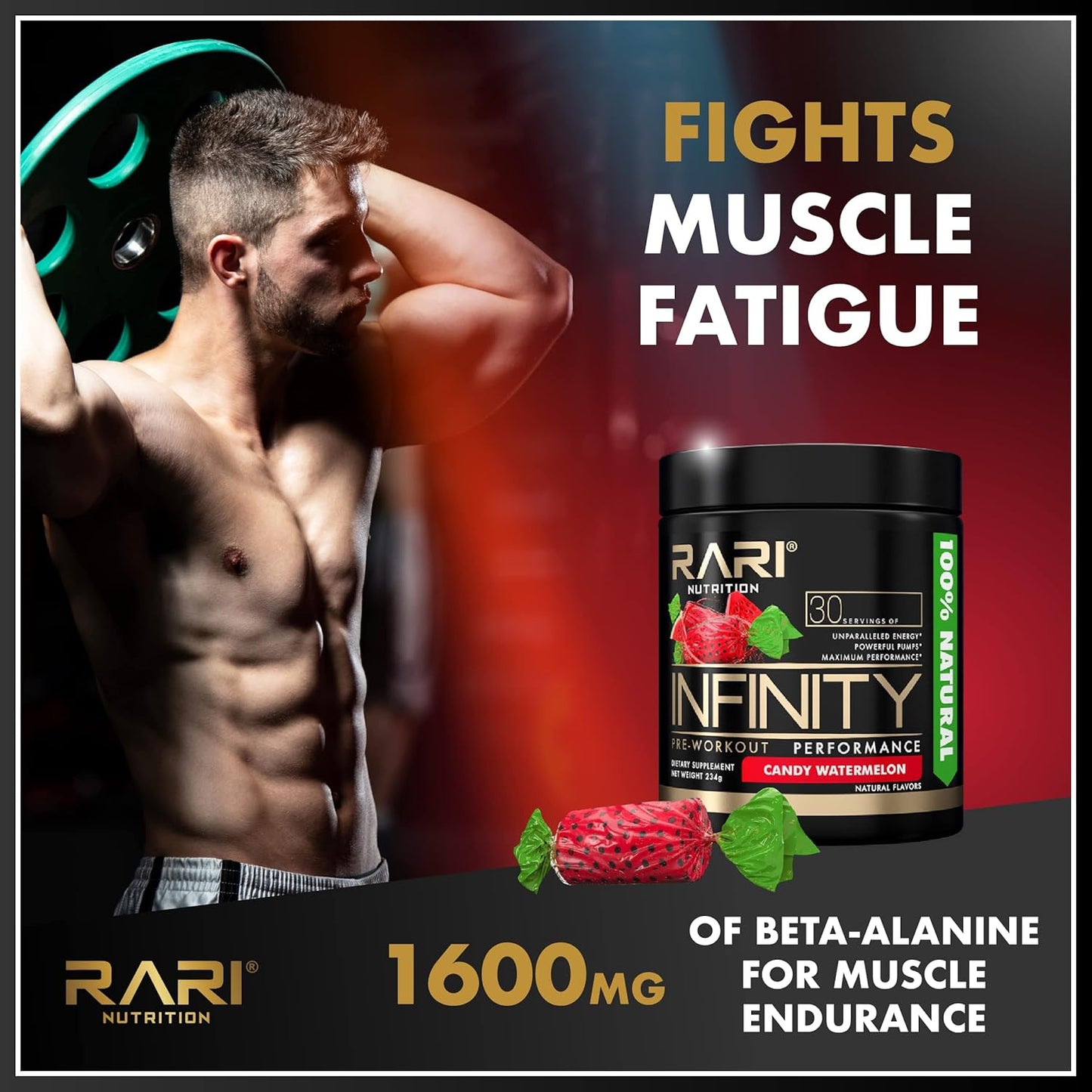 RARI Infinity Pre Workout Performance Powder - High-Performance Energy for Women and Men - Candy Watermelon Flavor - 30 Servings