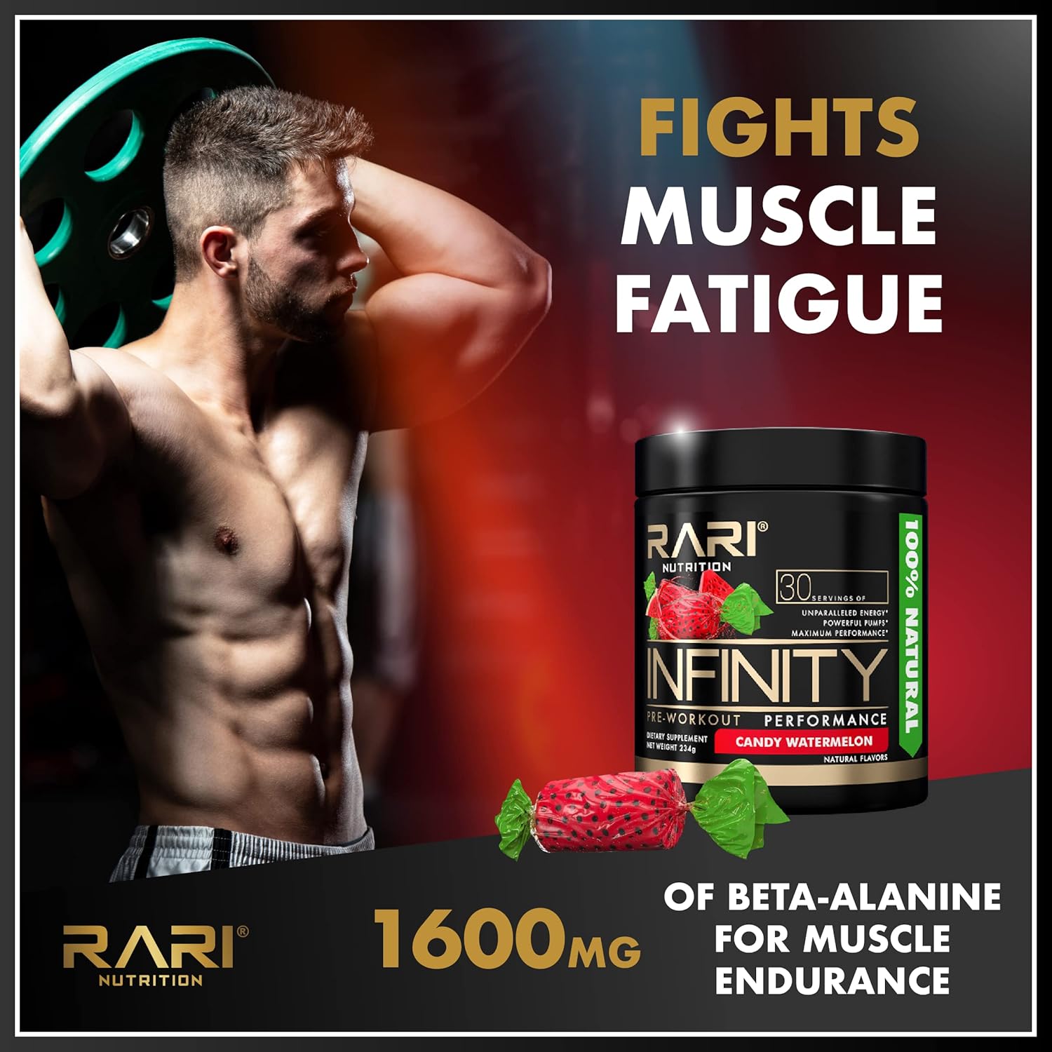 RARI Infinity Pre Workout Performance Powder - High-Performance Energy for Women and Men - Candy Watermelon Flavor - 30 Servings