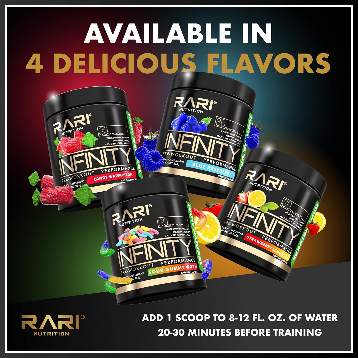 RARI Infinity Pre Workout Performance Powder - High-Performance Energy for Women and Men - Candy Watermelon Flavor - 30 Servings