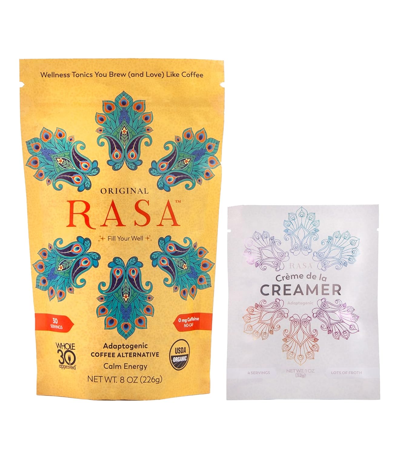 Rasa Koffee Original Adaptogenic Coffee Alternative & Crème de la Creamer Bundle - Vegan Ayurvedic Mushroom Wellness Tonic with Adaptogen Powdered Non-Dairy Creamer containing MCT Oil for Whole 30 and Keto Diets (30 Servings)