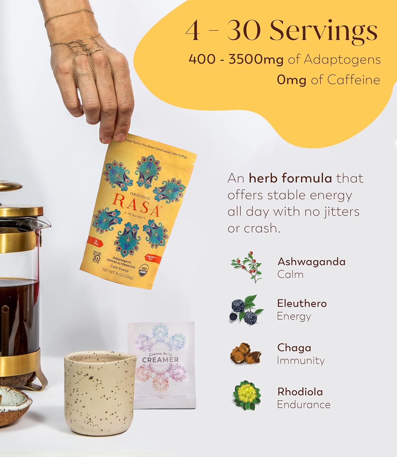 Rasa Koffee Original Adaptogenic Coffee Alternative & Crème de la Creamer Bundle - Vegan Ayurvedic Mushroom Wellness Tonic with Adaptogen Powdered Non-Dairy Creamer containing MCT Oil for Whole 30 and Keto Diets (30 Servings)