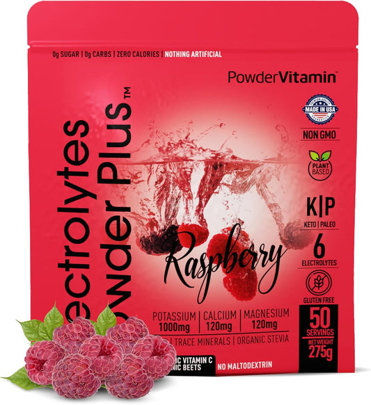 Raspberry Electrolyte Powder with Vitamin C - Zero Calorie Keto Hydration Drink with Potassium, Calcium, and Magnesium - 50 Servings