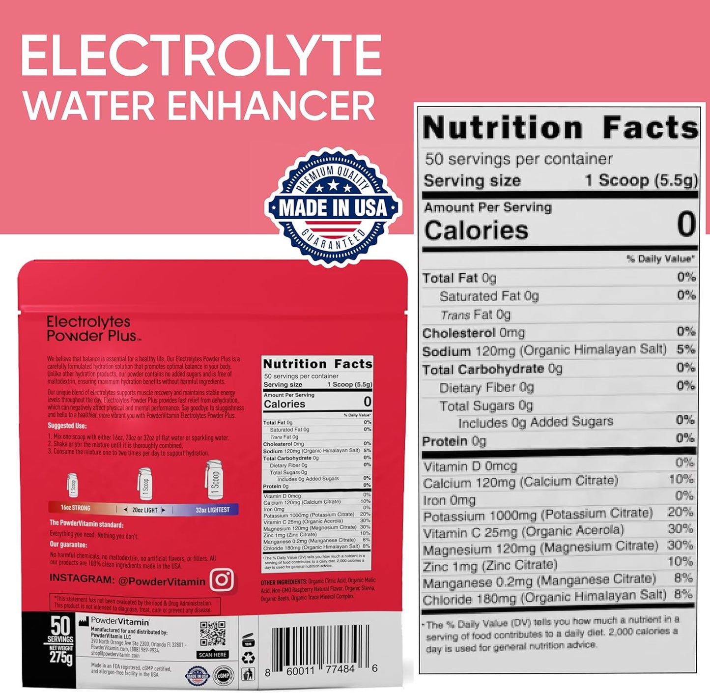 Raspberry Electrolyte Powder with Vitamin C - Zero Calorie Keto Hydration Drink with Potassium, Calcium, and Magnesium - 50 Servings