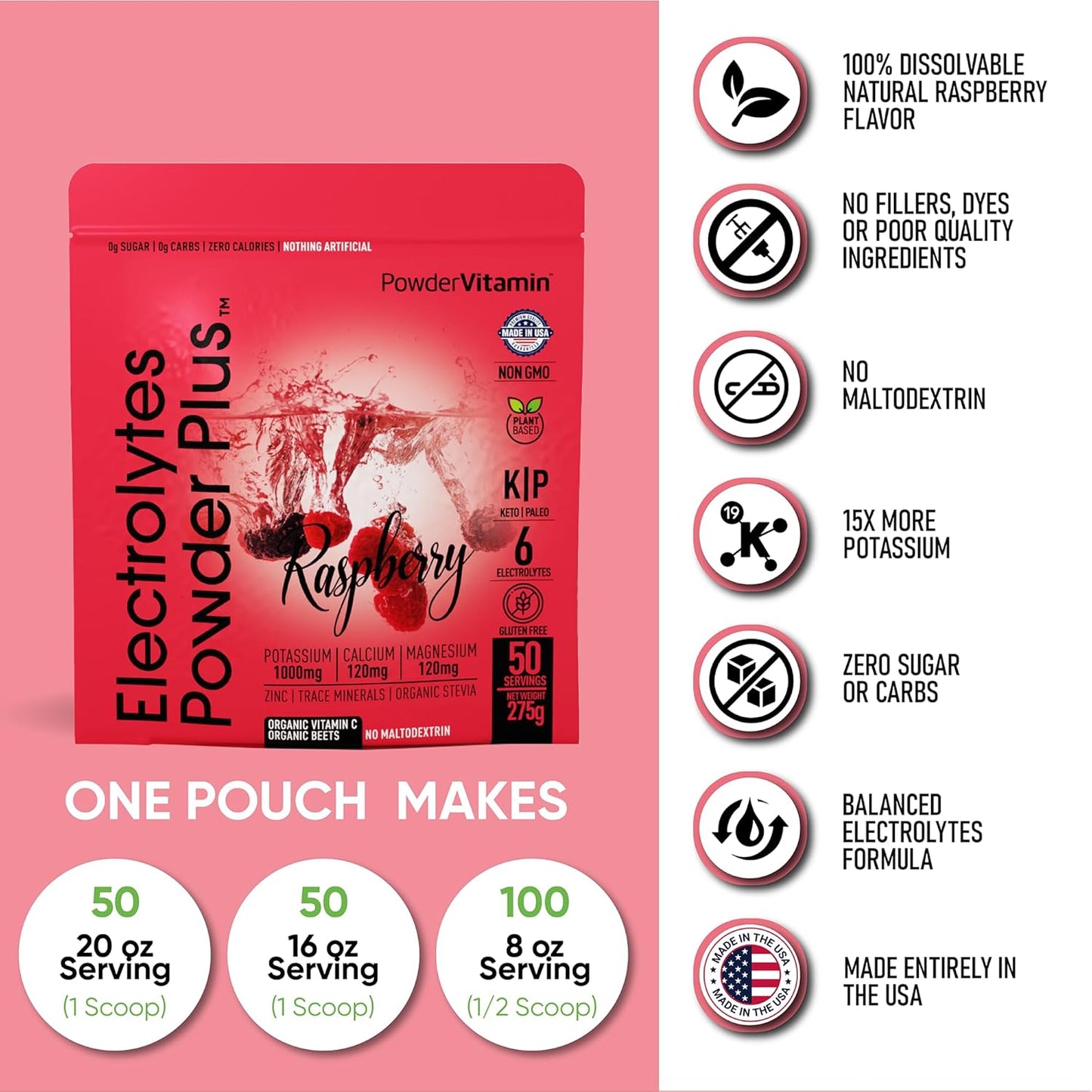 Raspberry Electrolyte Powder with Vitamin C - Zero Calorie Keto Hydration Drink with Potassium, Calcium, and Magnesium - 50 Servings