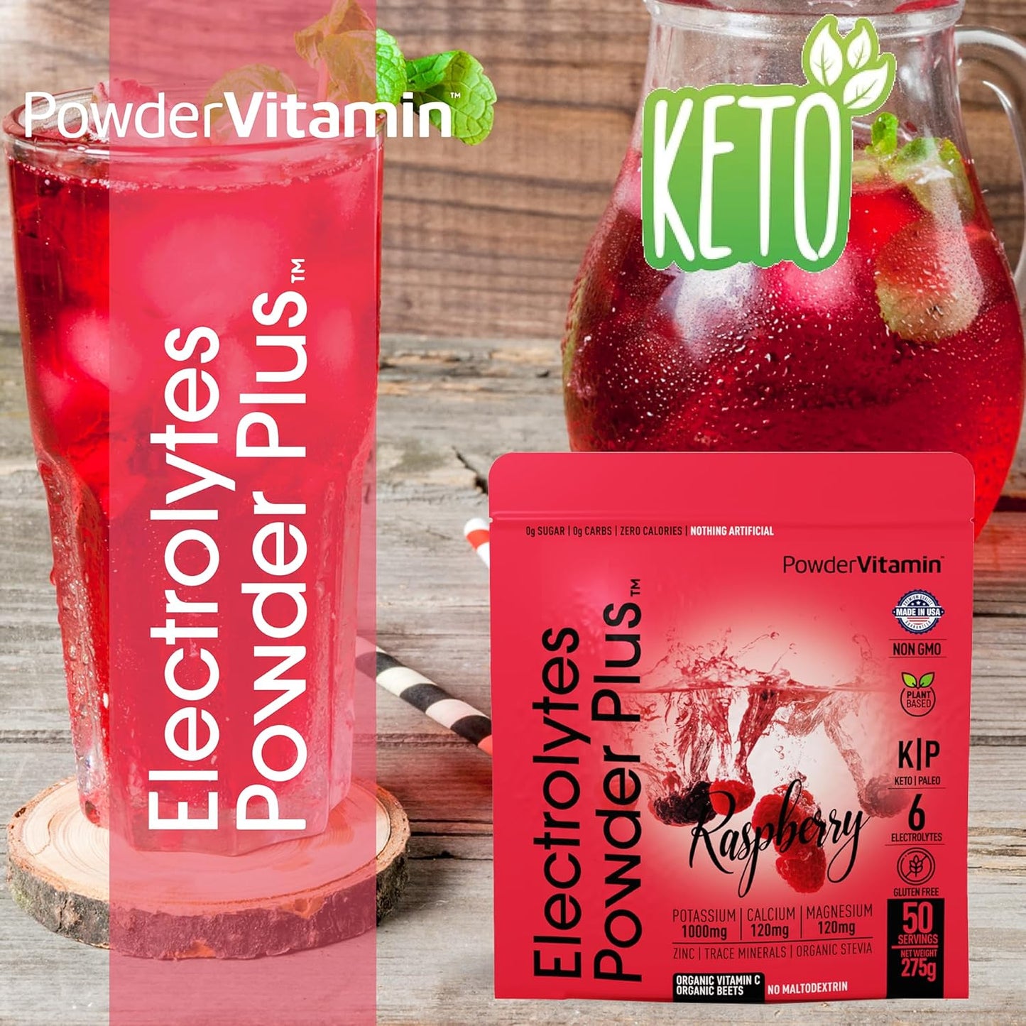 Raspberry Electrolyte Powder with Vitamin C - Zero Calorie Keto Hydration Drink with Potassium, Calcium, and Magnesium - 50 Servings