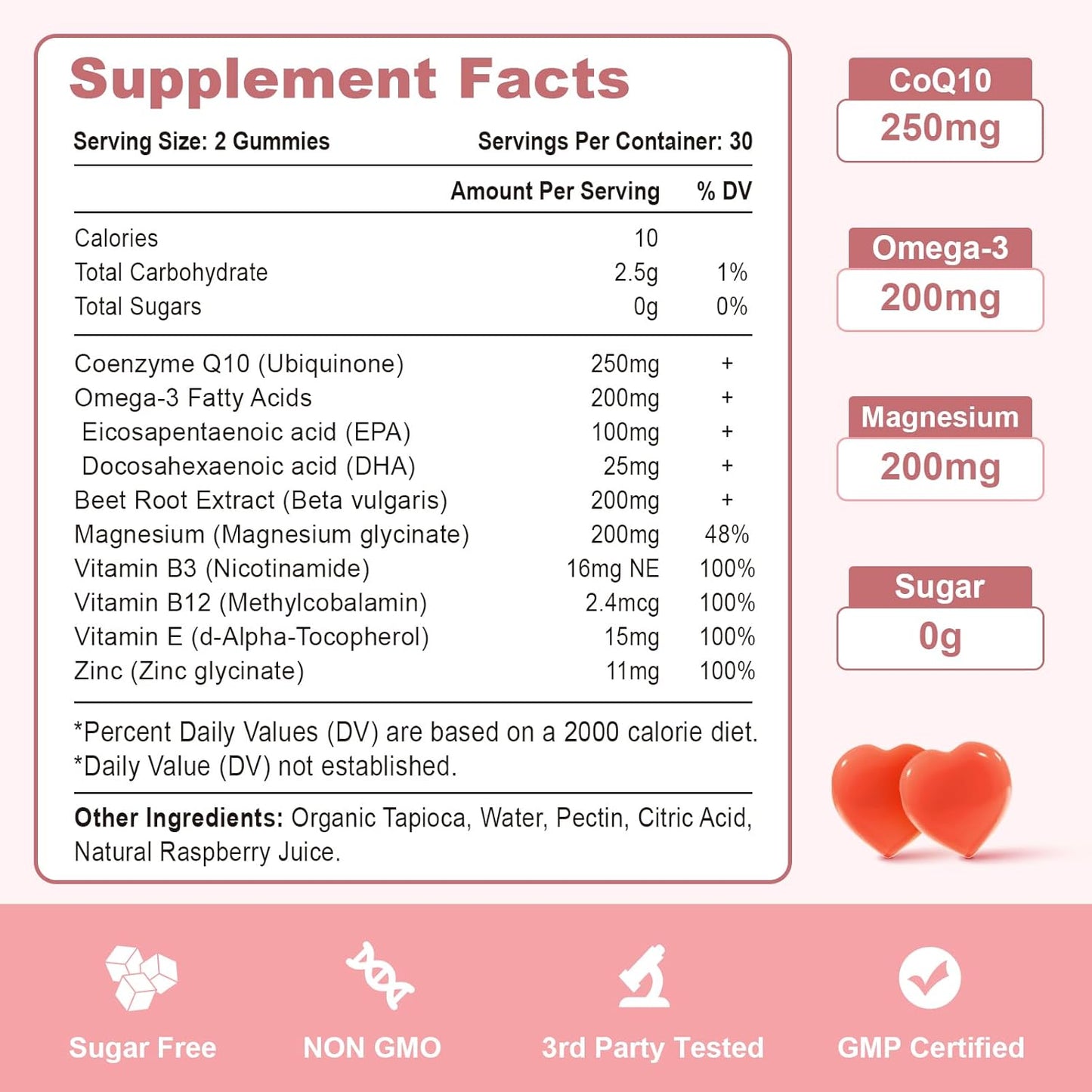 Raspberry Flavored CoQ10 Gummies with Omega-3 and Vitamin B3 for Energy and Antioxidant Support - 60 Count