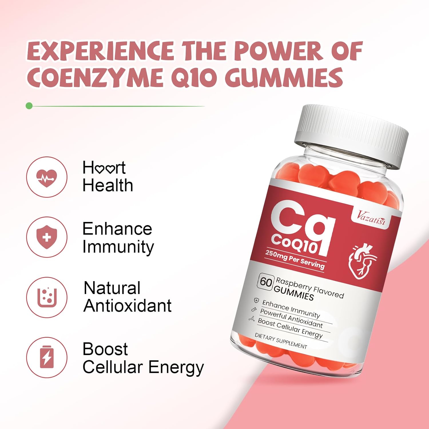 Raspberry Flavored CoQ10 Gummies with Omega-3 and Vitamin B3 for Energy and Antioxidant Support - 60 Count