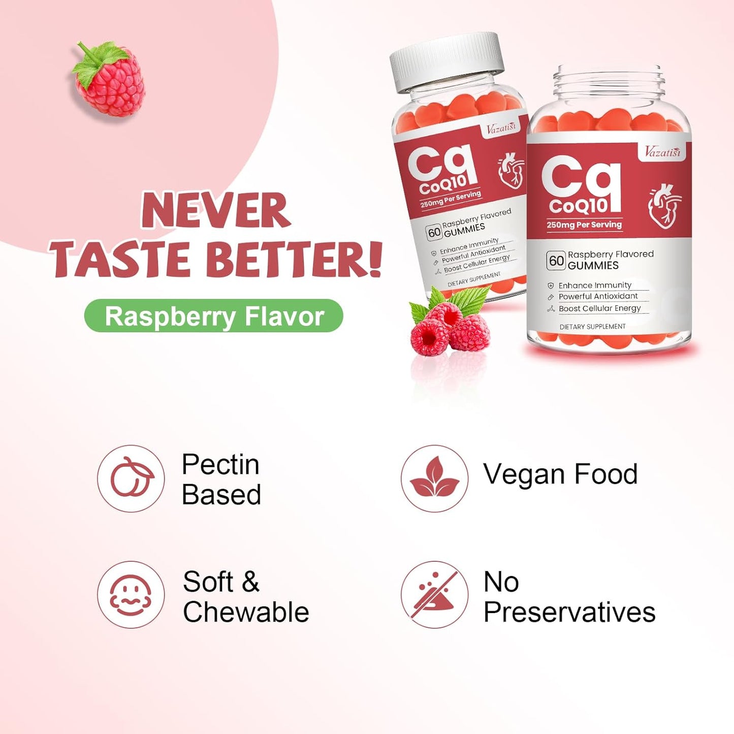 Raspberry Flavored CoQ10 Gummies with Omega-3 and Vitamin B3 for Energy and Antioxidant Support - 60 Count