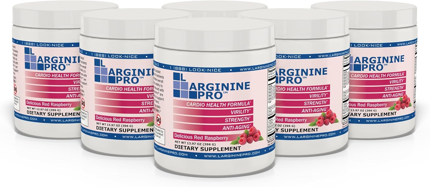 Raspberry Flavored L-Arginine Supplement Powder with 5,500mg L-arginine and 1,100mg L-Citrulline | Pack of 6 Jars