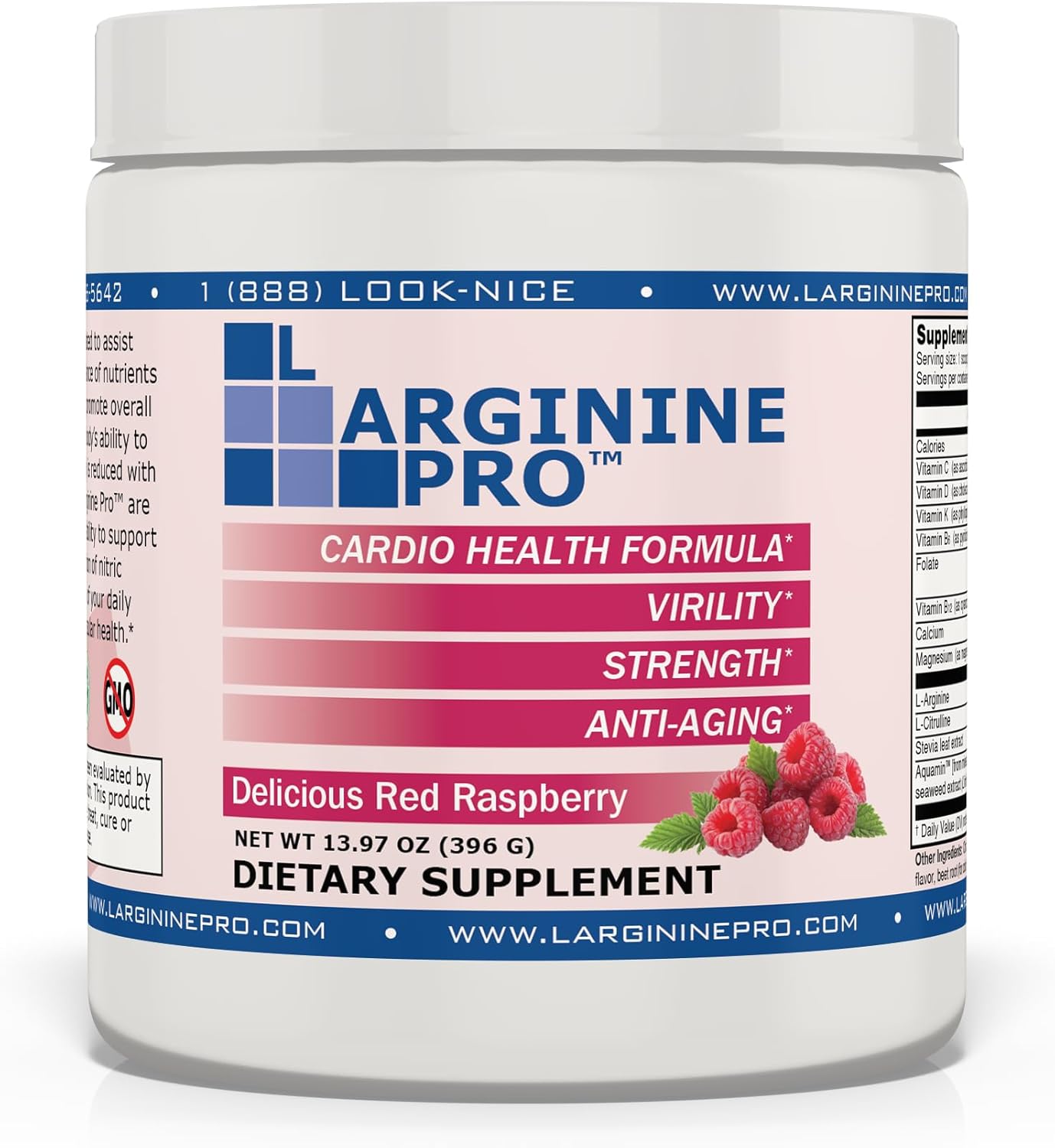 Raspberry Flavored L-Arginine Supplement Powder with 5,500mg L-arginine and 1,100mg L-Citrulline | Pack of 6 Jars