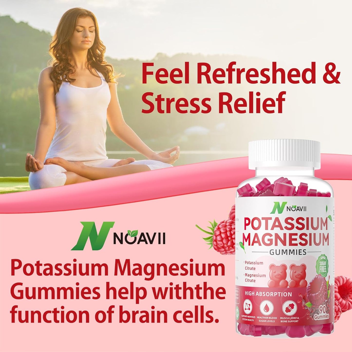 Raspberry Flavored NOAVII Potassium Magnesium Gummies - 90 Count Chewable Supplement for Muscle Cramps & Relaxation