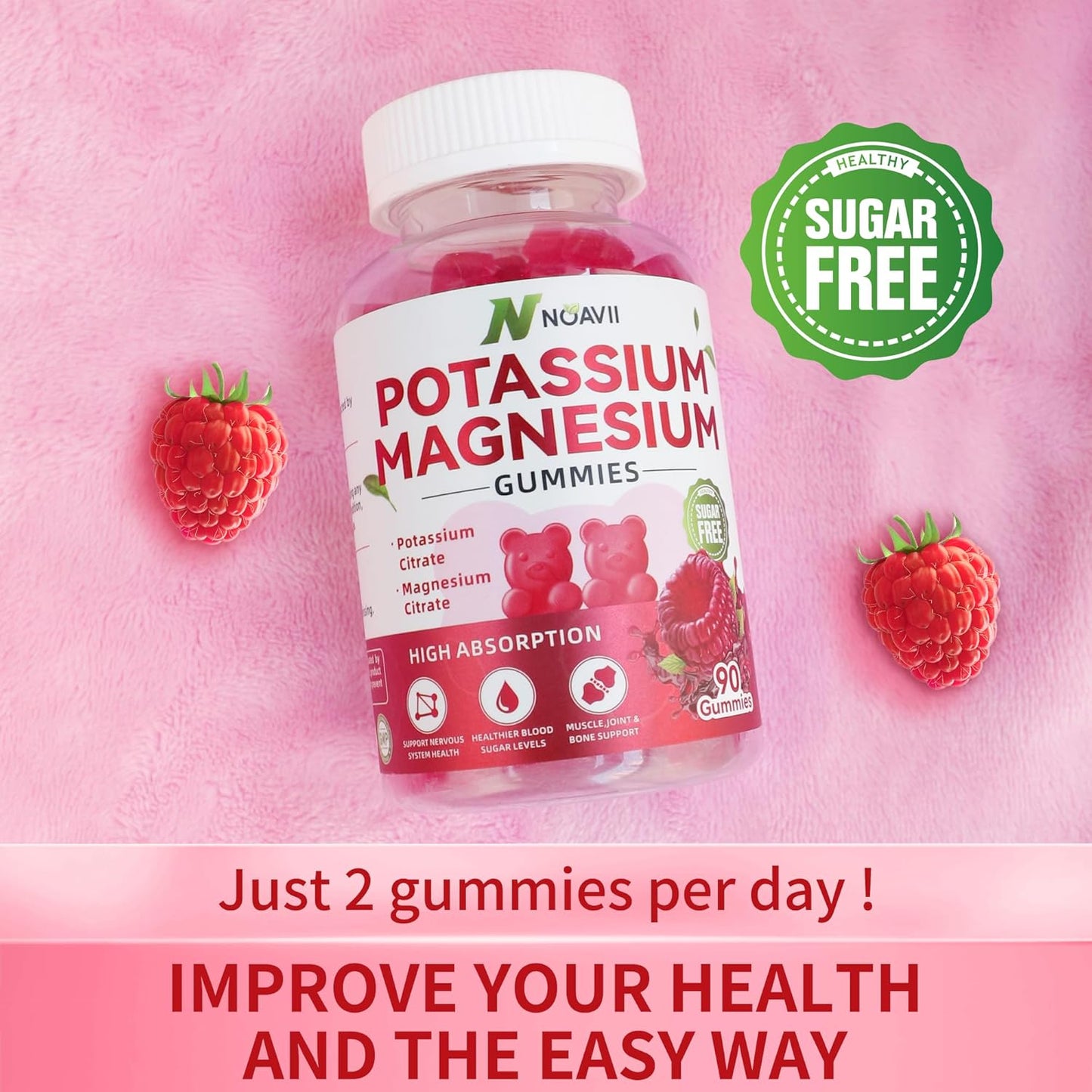 Raspberry Flavored NOAVII Potassium Magnesium Gummies - 90 Count Chewable Supplement for Muscle Cramps & Relaxation