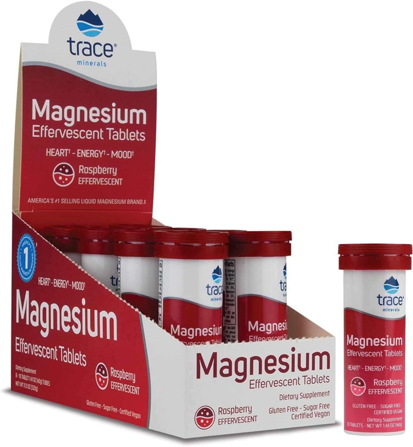 Raspberry Flavored Trace Minerals Magnesium Effervescent Supplement - Supports Healthy Heart, Energy, and Sleep - Gluten-Free - 8 Tubes (80 Servings)