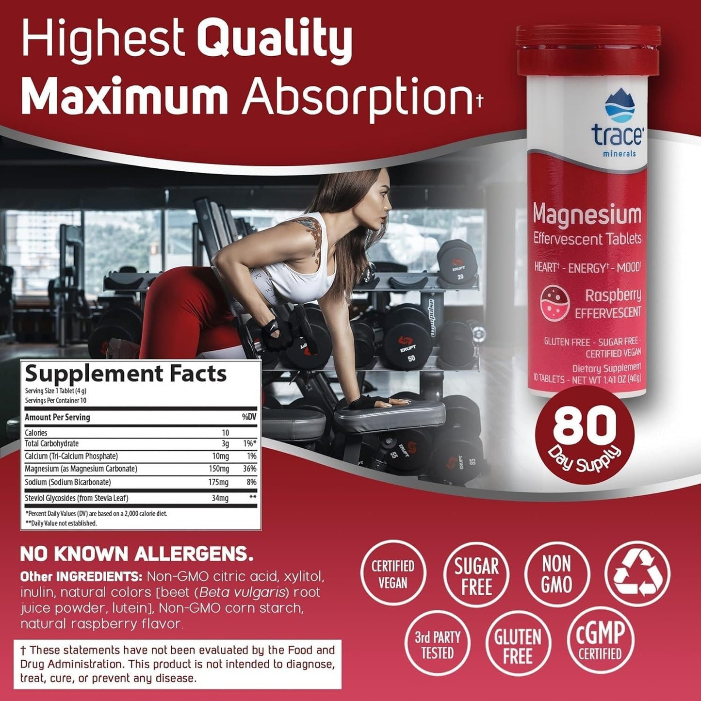 Raspberry Flavored Trace Minerals Magnesium Effervescent Supplement - Supports Healthy Heart, Energy, and Sleep - Gluten-Free - 8 Tubes (80 Servings)