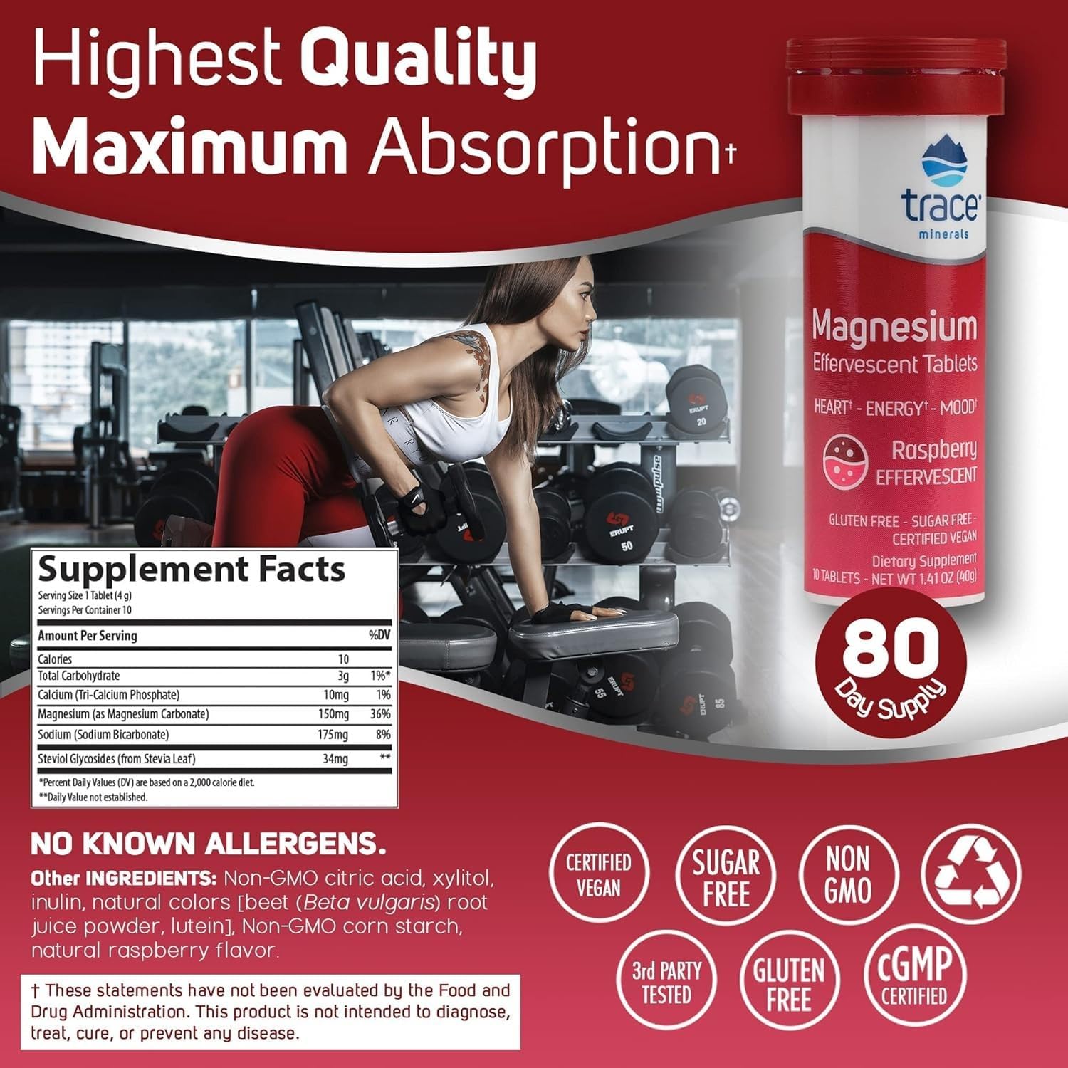 Raspberry Flavored Trace Minerals Magnesium Effervescent Supplement - Supports Healthy Heart, Energy, and Sleep - Gluten-Free - 8 Tubes (80 Servings)