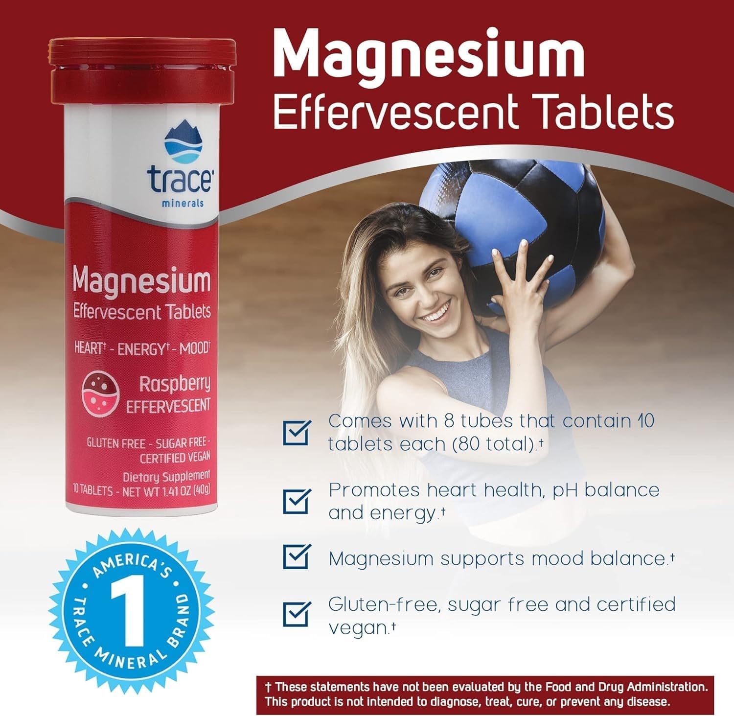 Raspberry Flavored Trace Minerals Magnesium Effervescent Supplement - Supports Healthy Heart, Energy, and Sleep - Gluten-Free - 8 Tubes (80 Servings)