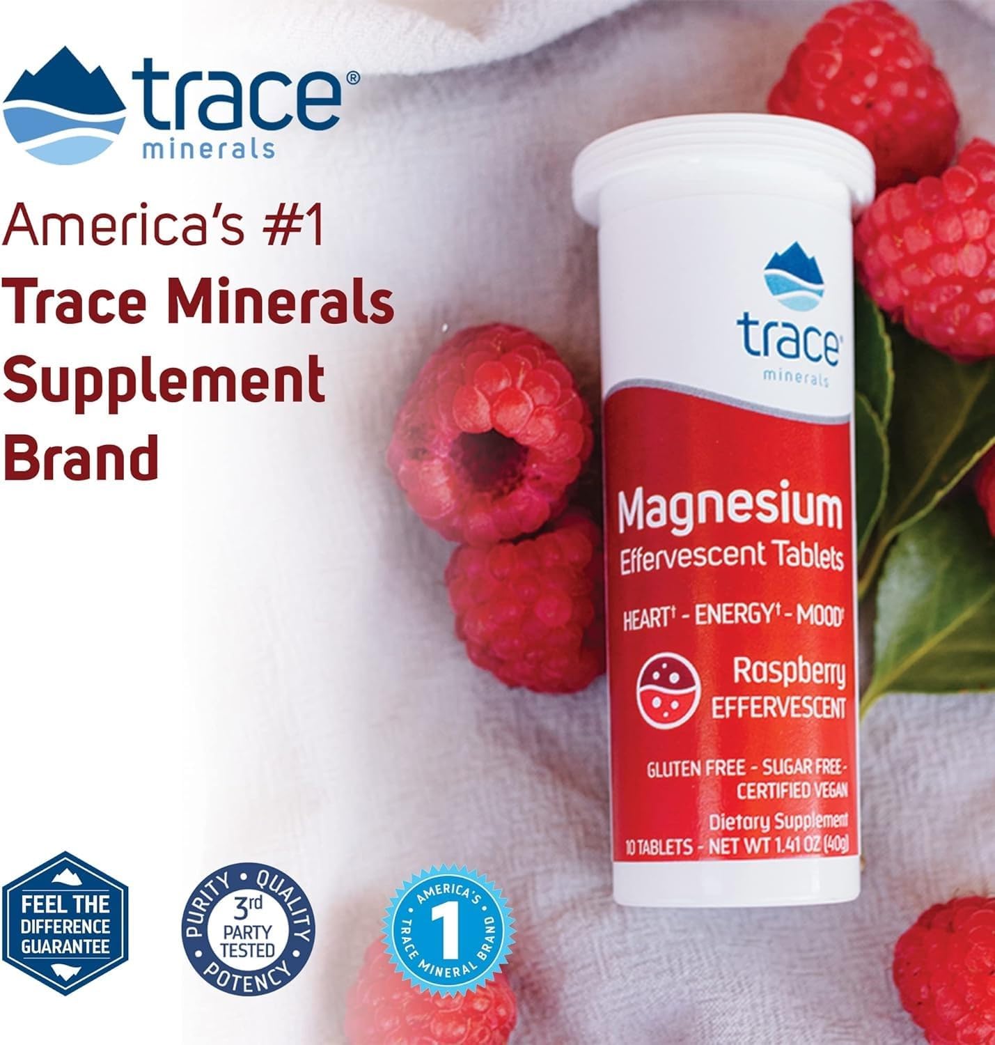 Raspberry Flavored Trace Minerals Magnesium Effervescent Supplement - Supports Healthy Heart, Energy, and Sleep - Gluten-Free - 8 Tubes (80 Servings)
