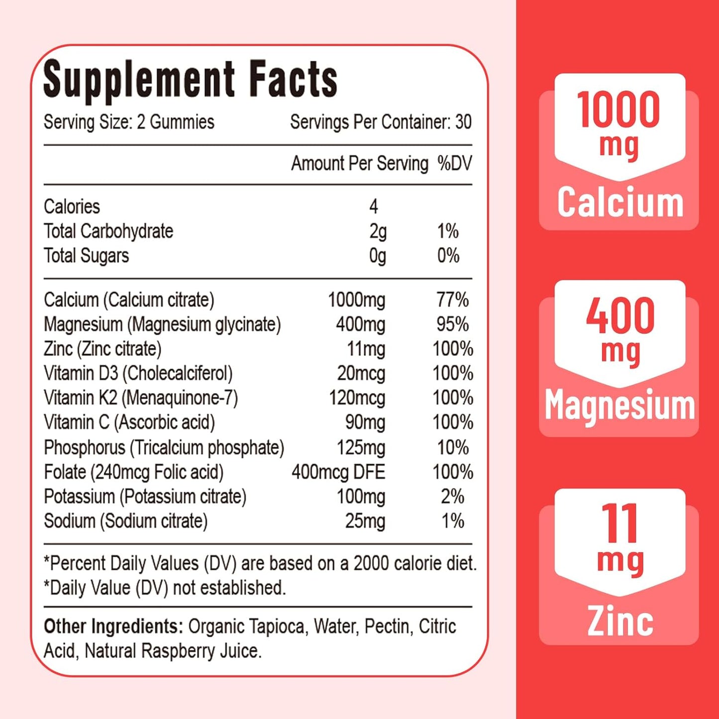 Raspberry Flavored Vazatisi Calcium Magnesium Zinc Gummies with Vitamin D3 & K2 for Immune, Bone, and Muscle Support, High Absorption 120 Gummies