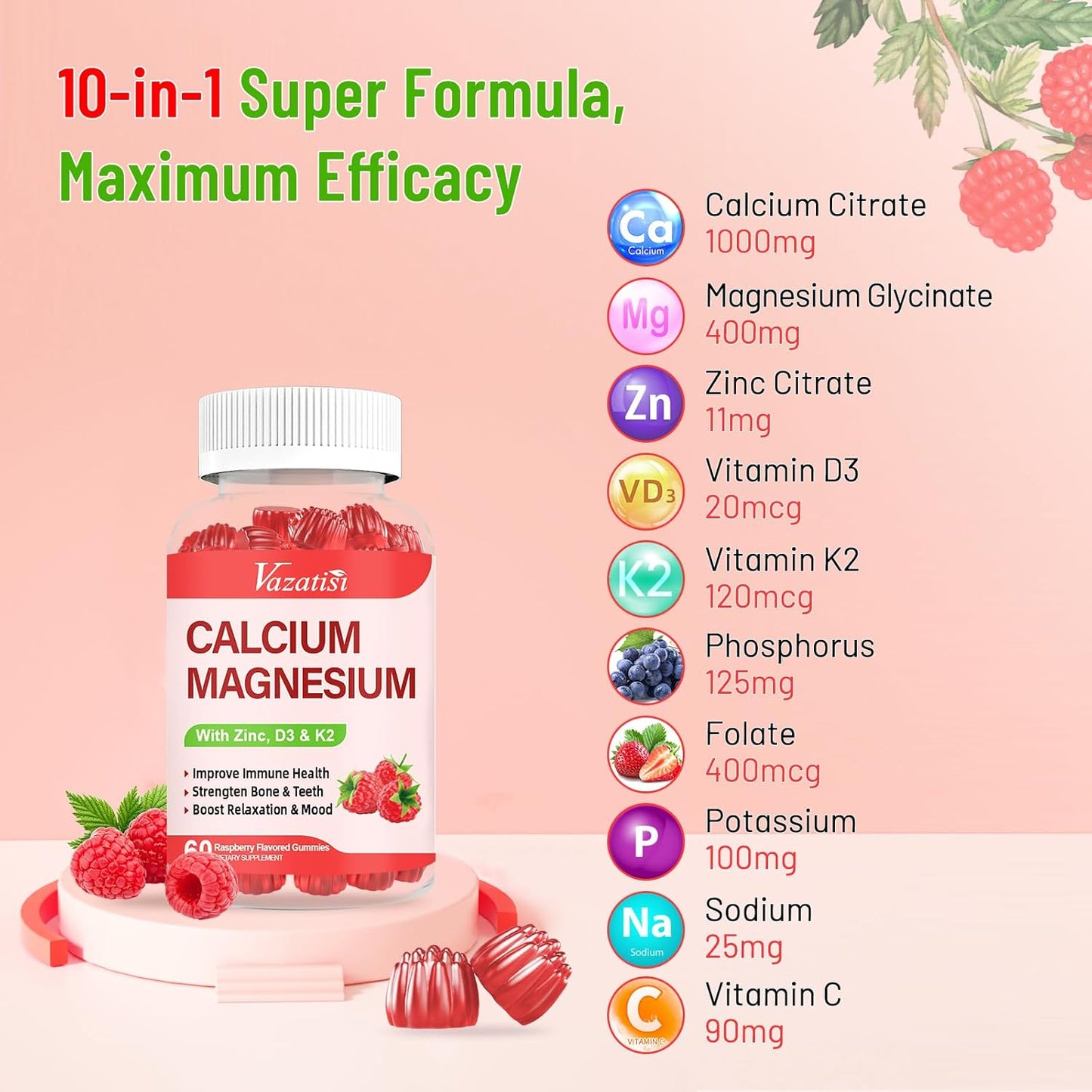 Raspberry Flavored Vazatisi Calcium Magnesium Zinc Gummies with Vitamin D3 & K2 for Immune, Bone, and Muscle Support, High Absorption 120 Gummies