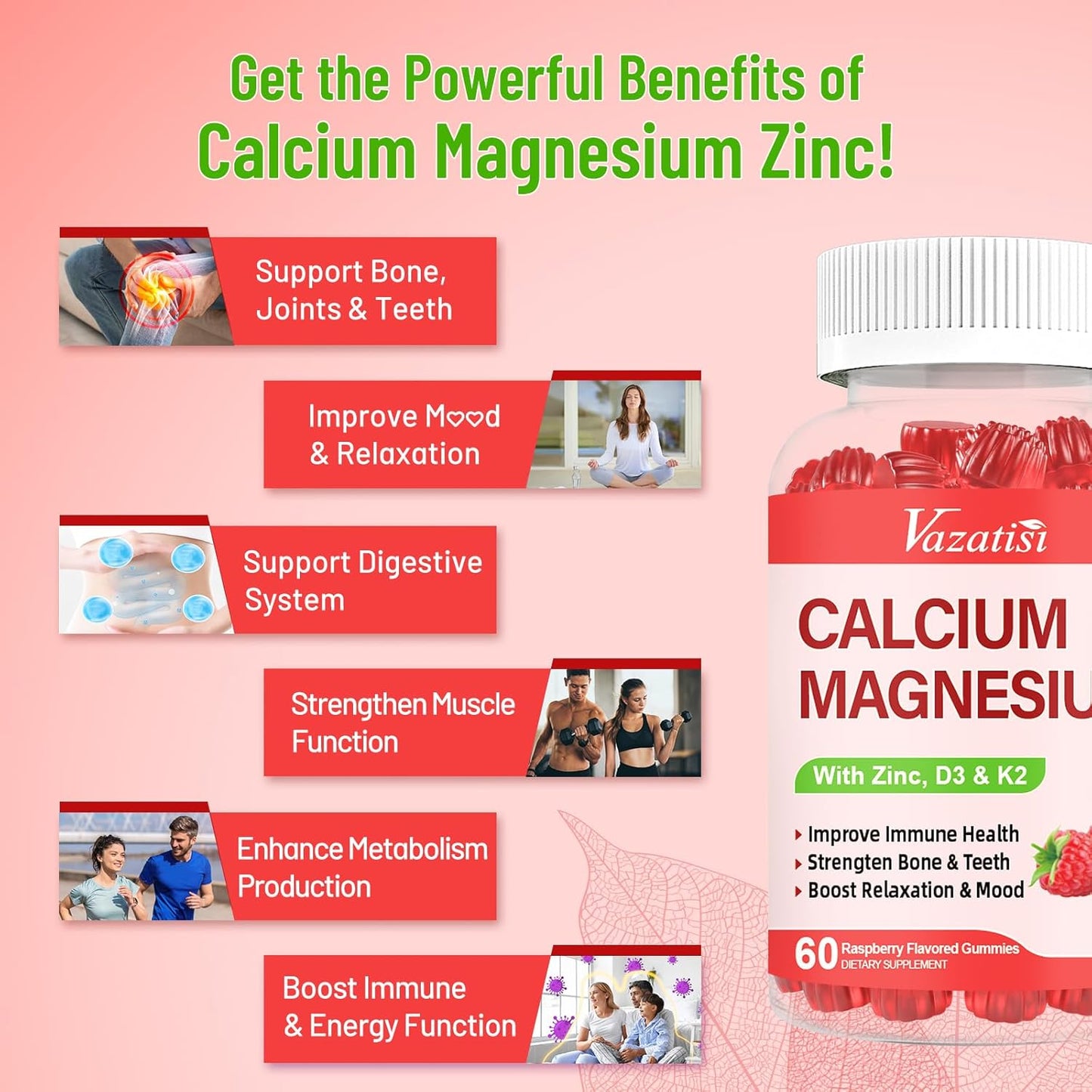 Raspberry Flavored Vazatisi Calcium Magnesium Zinc Gummies with Vitamin D3 & K2 for Immune, Bone, and Muscle Support, High Absorption 120 Gummies