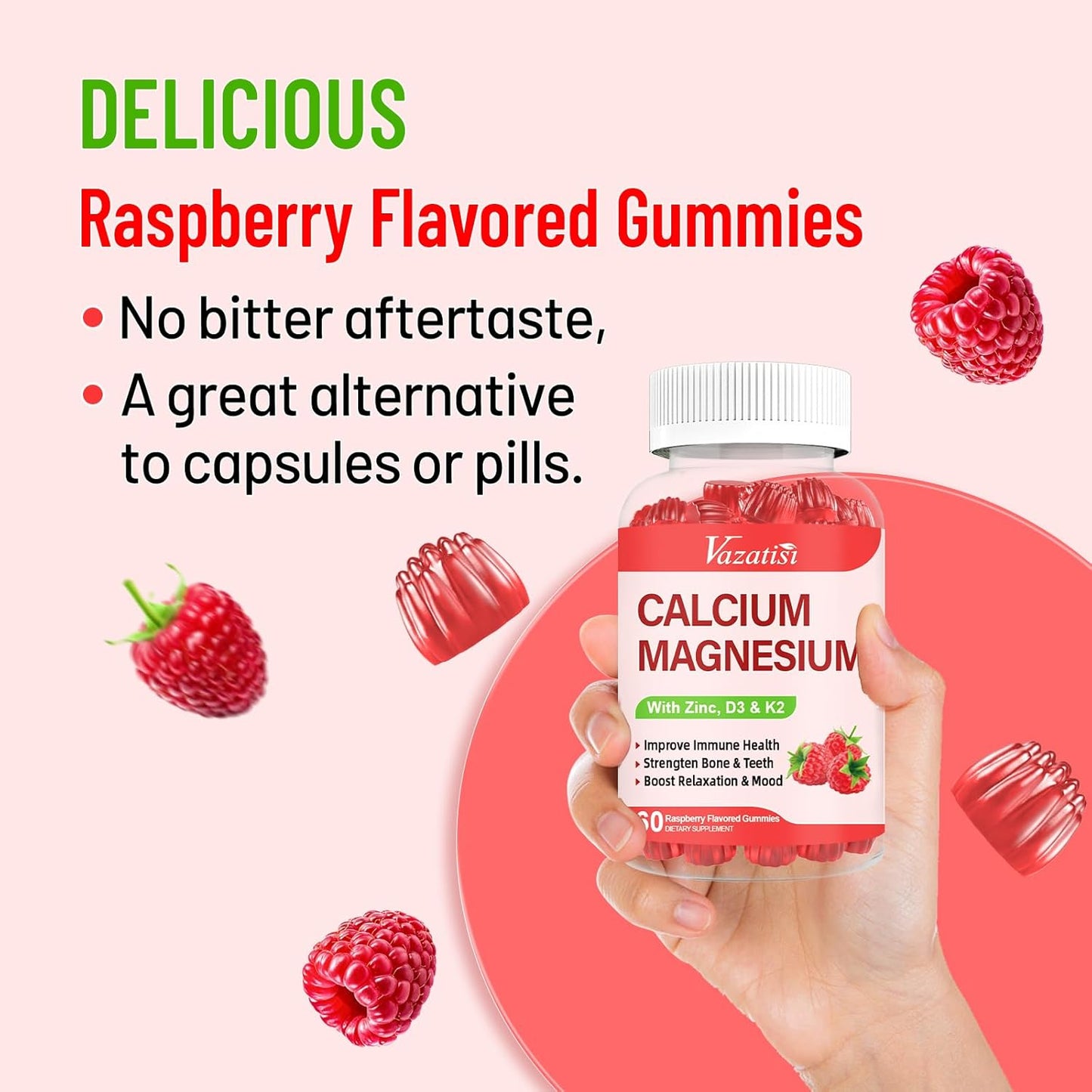 Raspberry Flavored Vazatisi Calcium Magnesium Zinc Gummies with Vitamin D3 & K2 for Immune, Bone, and Muscle Support, High Absorption 120 Gummies