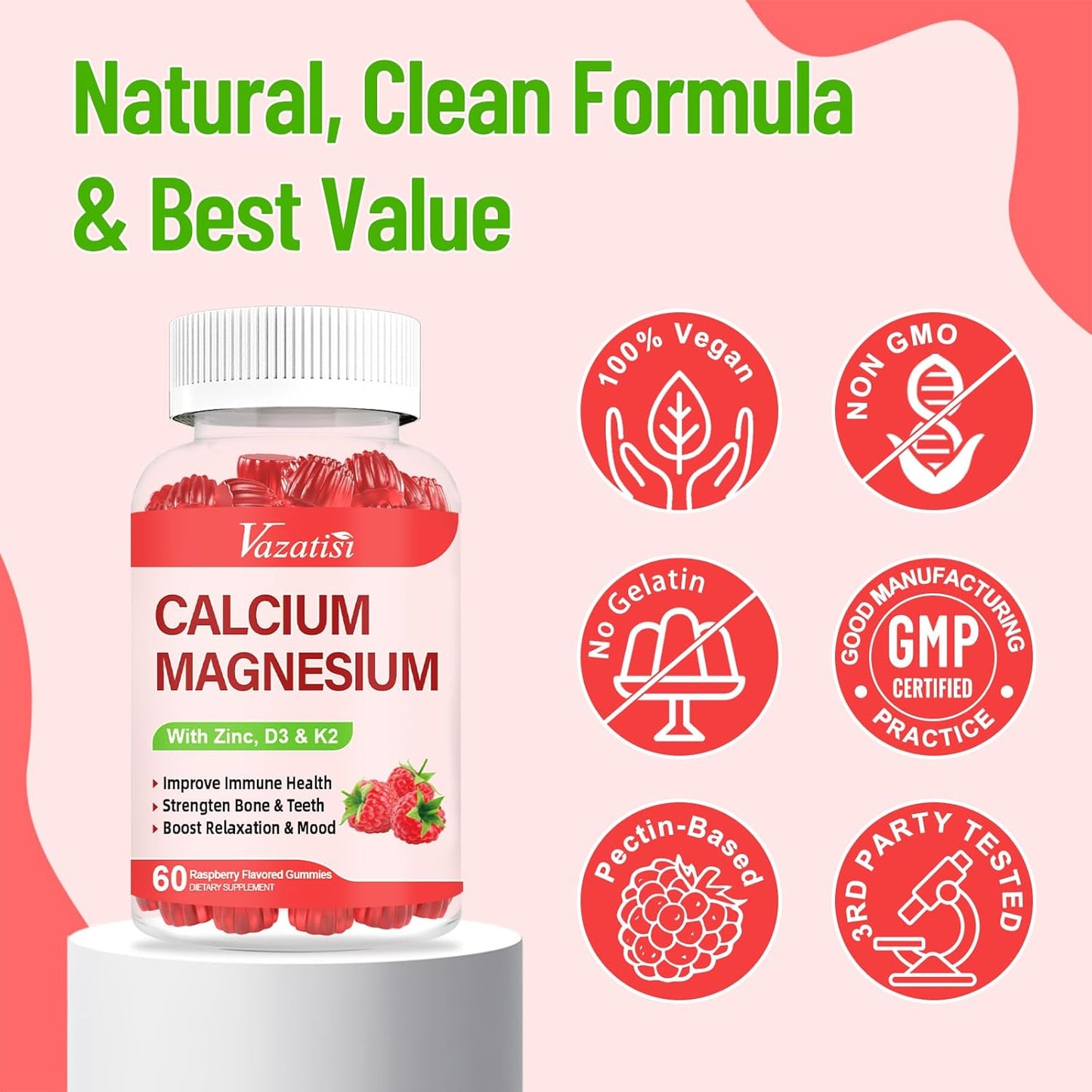 Raspberry Flavored Vazatisi Calcium Magnesium Zinc Gummies with Vitamin D3 & K2 for Immune, Bone, and Muscle Support, High Absorption 120 Gummies