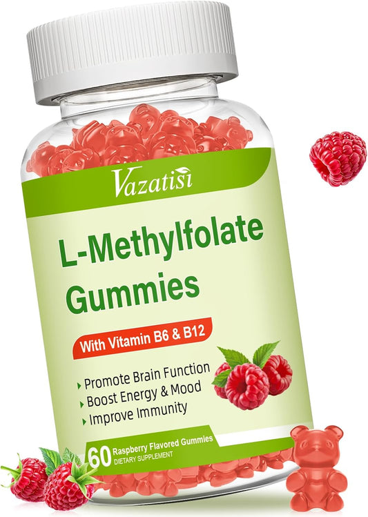 Raspberry Flavored Vazatisi L-Methylfolate 15 mg Gummies with Methyl B12 - 60 Count - Mood, Brain Health, Immune Support Supplement