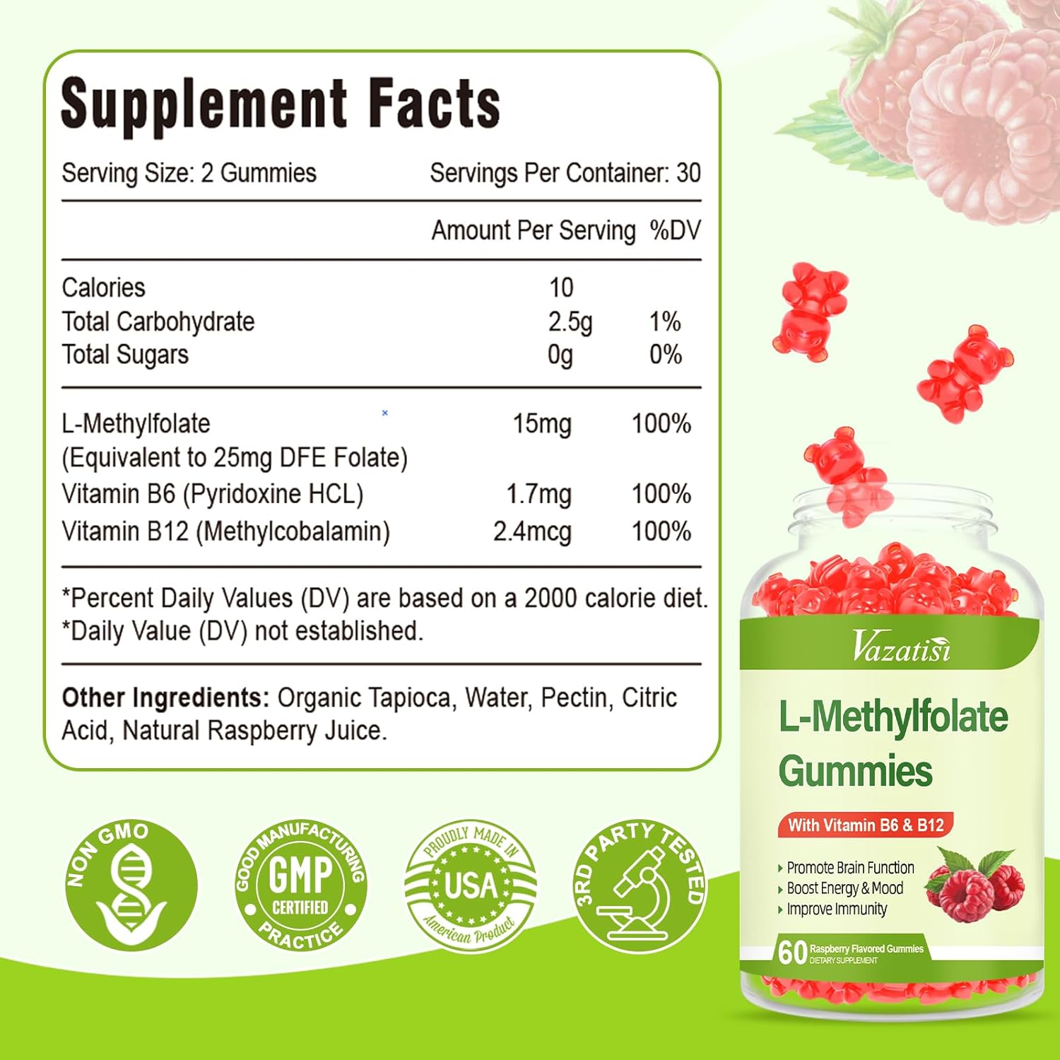 Raspberry Flavored Vazatisi L-Methylfolate 15 mg Gummies with Methyl B12 - 60 Count - Mood, Brain Health, Immune Support Supplement