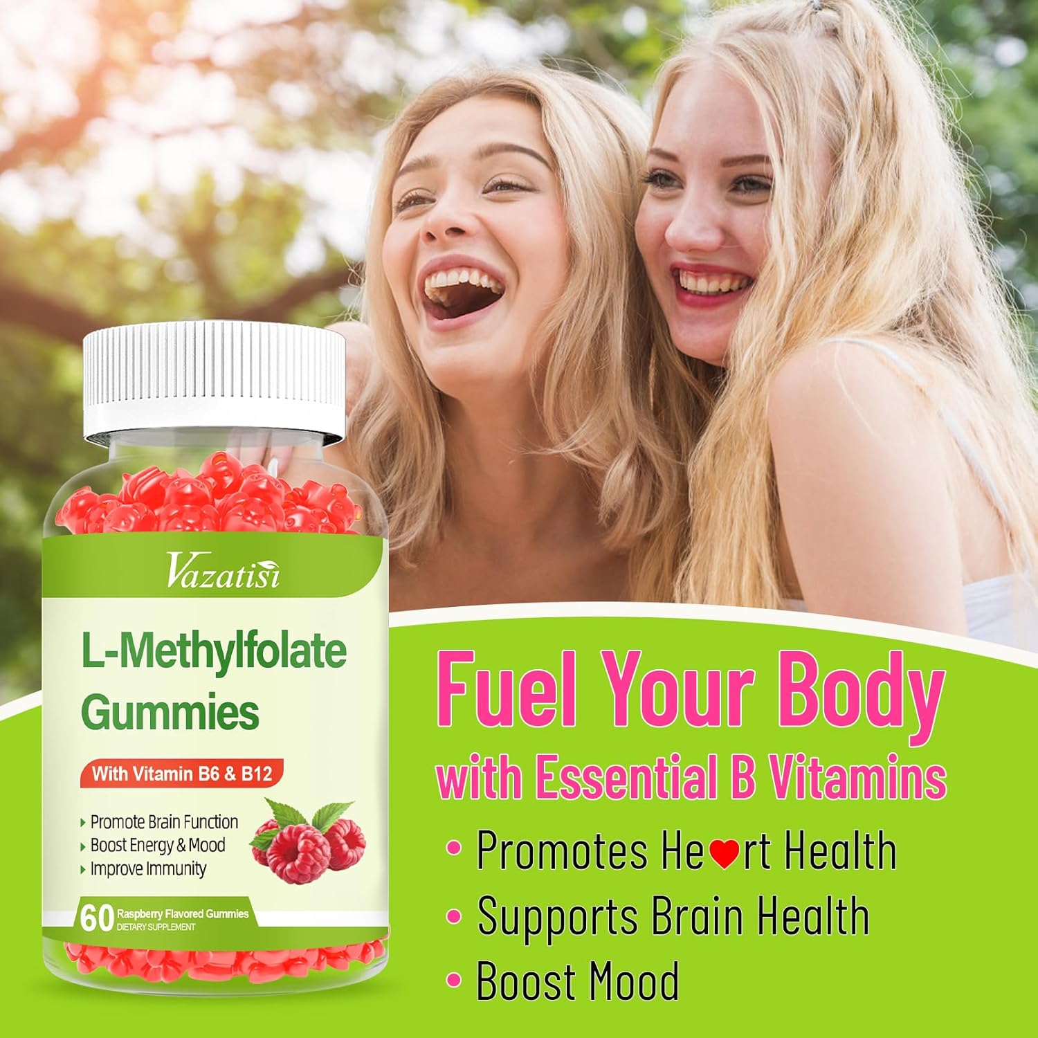 Raspberry Flavored Vazatisi L-Methylfolate 15 mg Gummies with Methyl B12 - 60 Count - Mood, Brain Health, Immune Support Supplement