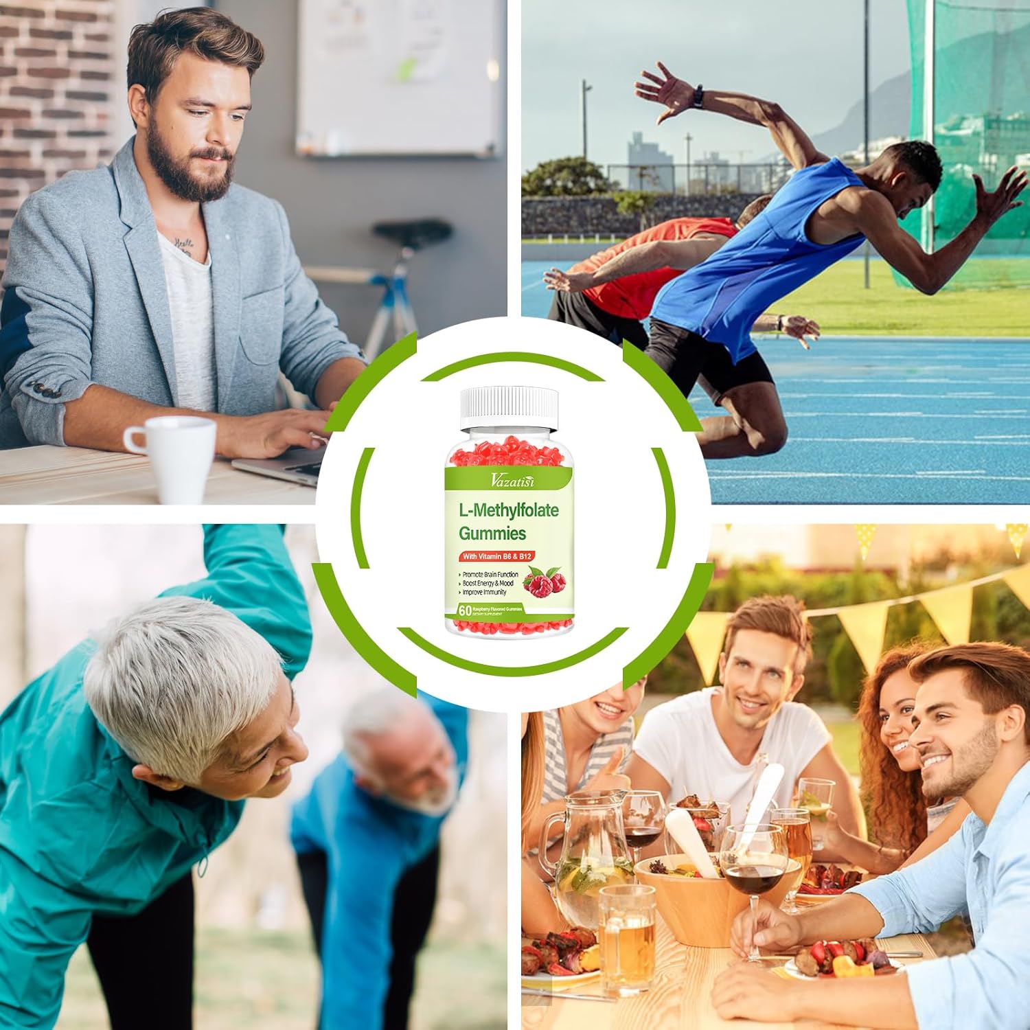 Raspberry Flavored Vazatisi L-Methylfolate 15 mg Gummies with Methyl B12 - 60 Count - Mood, Brain Health, Immune Support Supplement