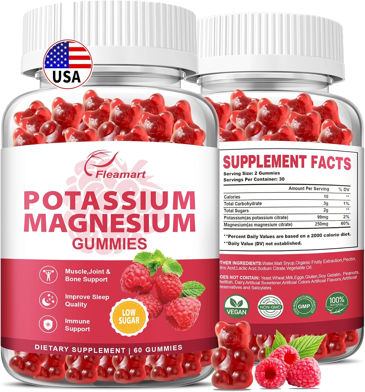 Raspberry Gummies with Potassium Citrate 99mg and Magnesium Citrate 250mg - Immune Support and Muscle Health - 60 Count