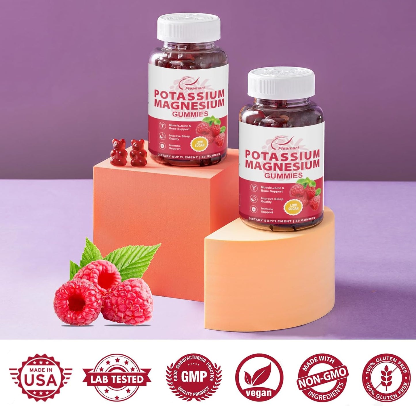 Raspberry Gummies with Potassium Citrate 99mg and Magnesium Citrate 250mg - Immune Support and Muscle Health - 60 Count