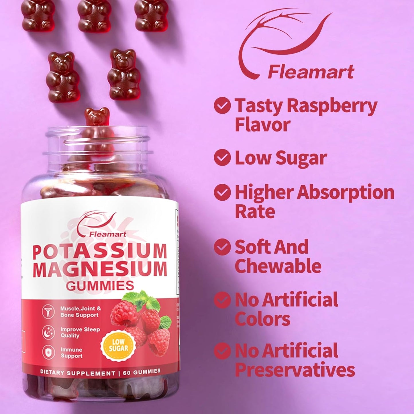 Raspberry Gummies with Potassium Citrate 99mg and Magnesium Citrate 250mg - Immune Support and Muscle Health - 60 Count
