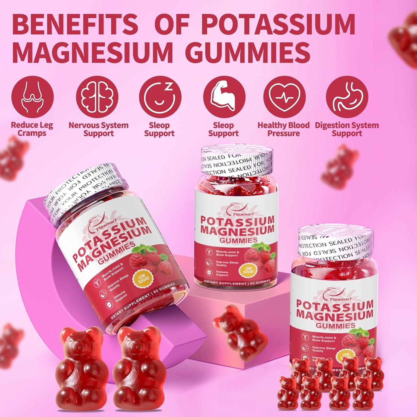 Raspberry Gummies with Potassium Citrate 99mg and Magnesium Citrate 250mg - Immune Support and Muscle Health - 60 Count