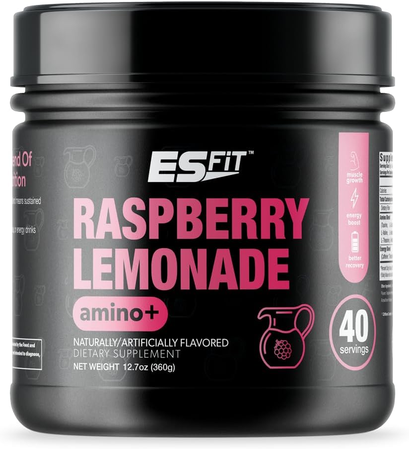 Raspberry Lemonade Amino+ Powder with Caffeine and Green Tea Extract - BCAA, Amino Acids, Zero Sugar, Low Calorie, Pre and Post Workout Supplement