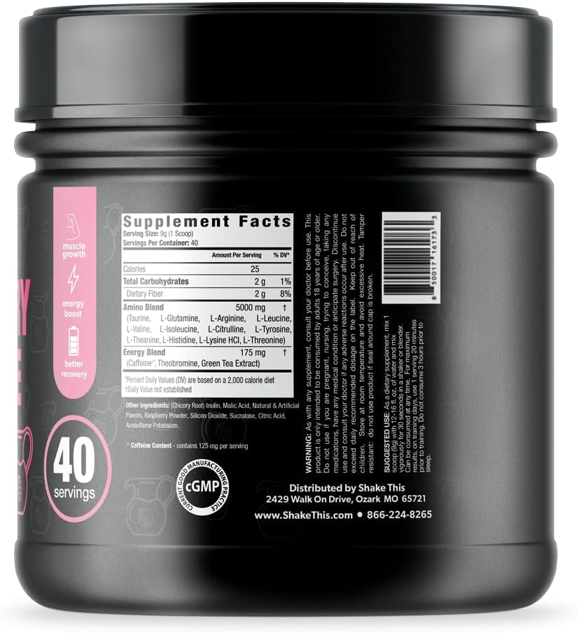 Raspberry Lemonade Amino+ Powder with Caffeine and Green Tea Extract - BCAA, Amino Acids, Zero Sugar, Low Calorie, Pre and Post Workout Supplement