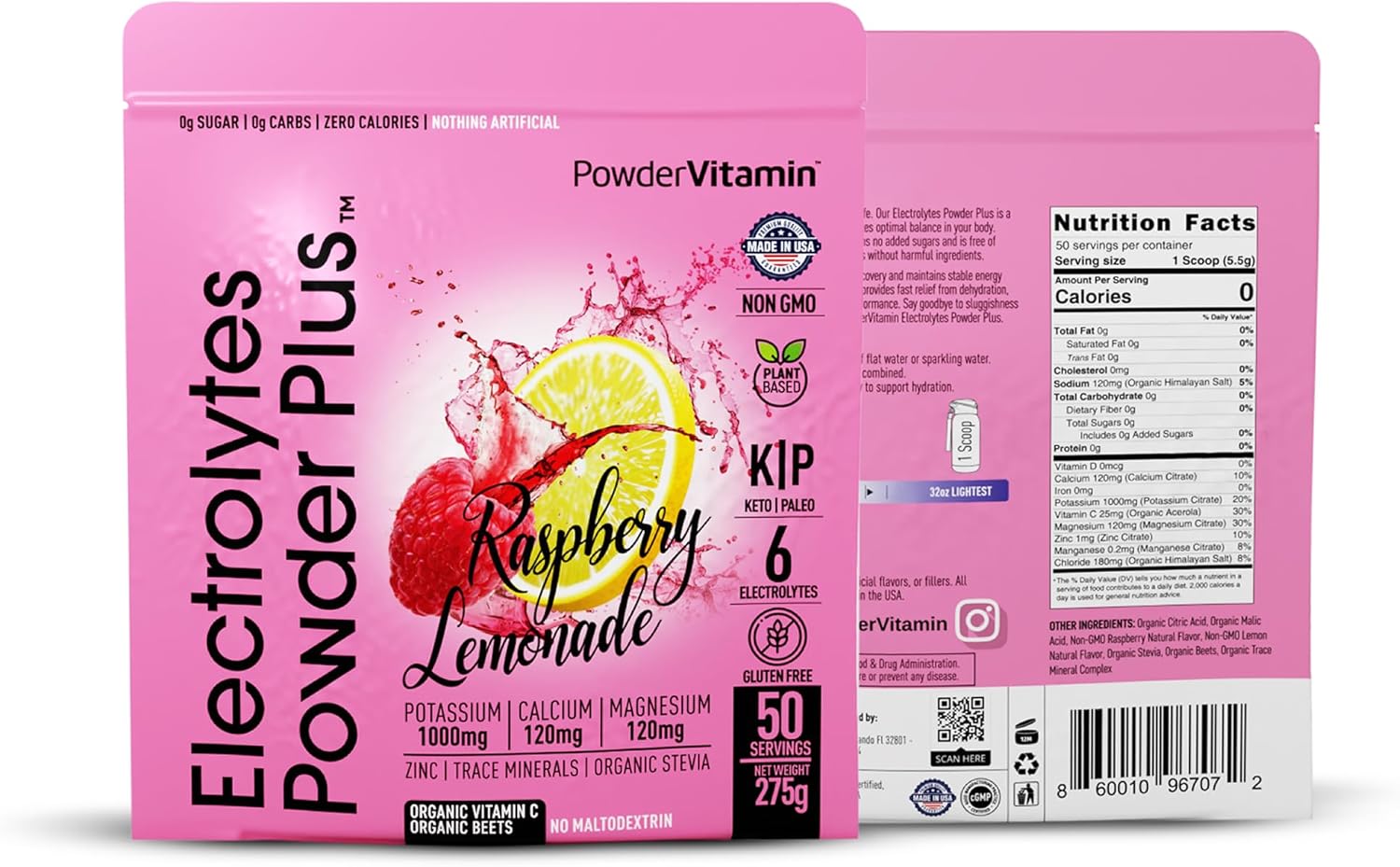 Raspberry Lemonade Electrolyte Powder - 50 Servings, Zero Calorie Keto Hydration Powder with 1000mg Potassium, 120mg Calcium, 120mg Magnesium - No Sugar or Maltodextrin