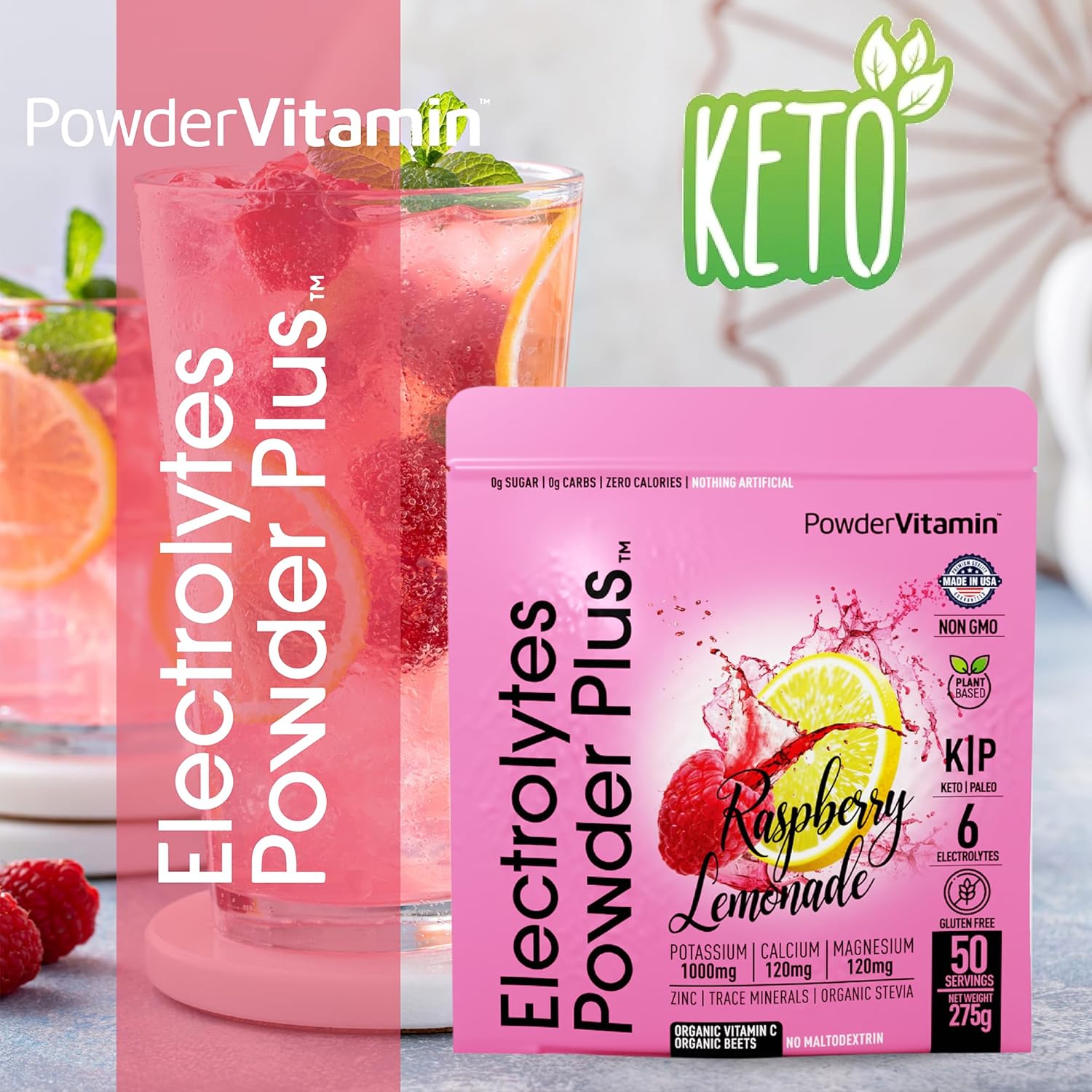 Raspberry Lemonade Electrolyte Powder - 50 Servings, Zero Calorie Keto Hydration Powder with 1000mg Potassium, 120mg Calcium, 120mg Magnesium - No Sugar or Maltodextrin