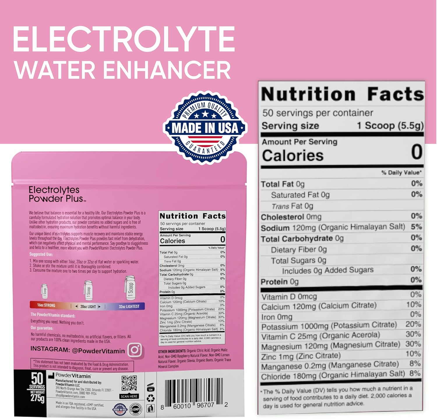 Raspberry Lemonade Electrolyte Powder - 50 Servings, Zero Calorie Keto Hydration Powder with 1000mg Potassium, 120mg Calcium, 120mg Magnesium - No Sugar or Maltodextrin