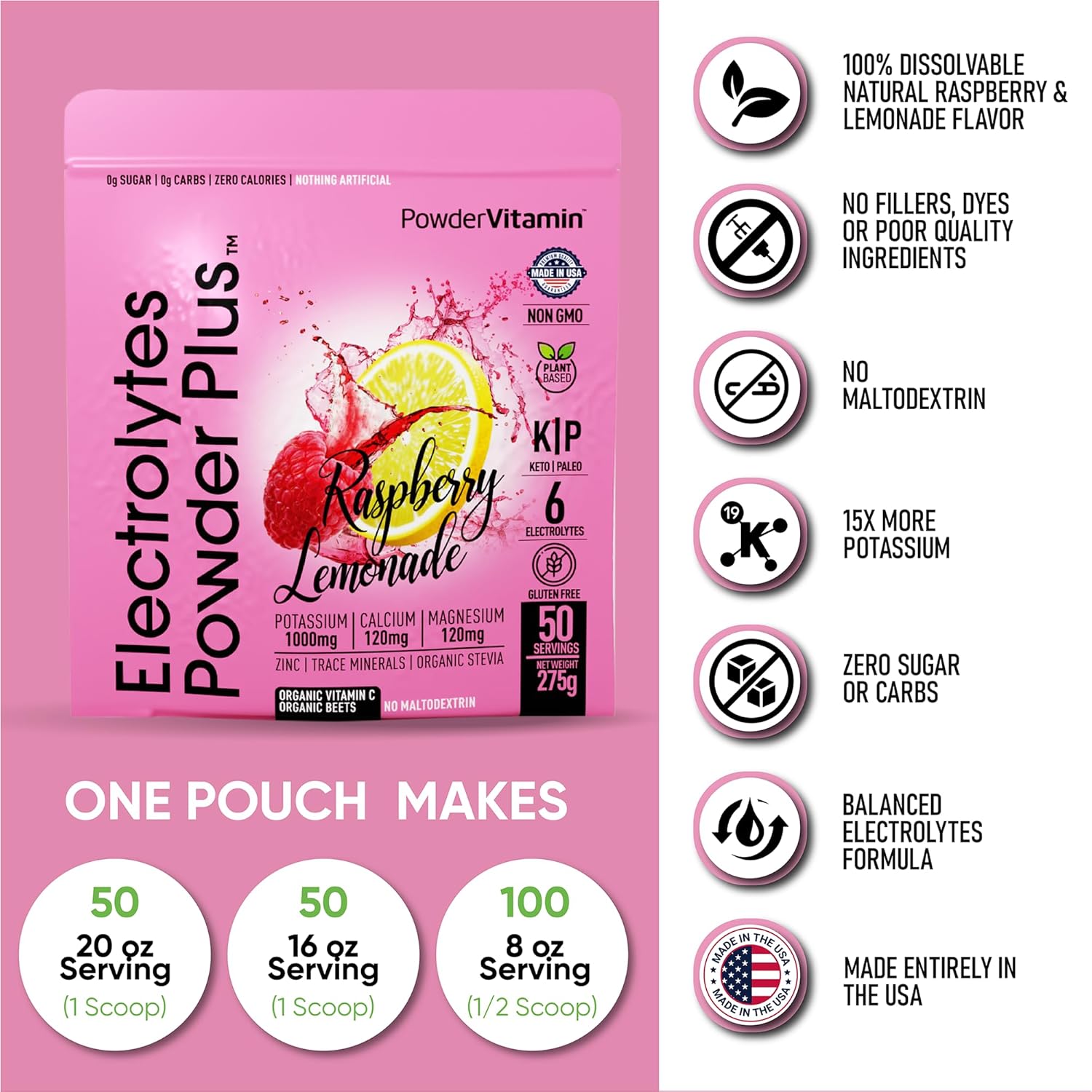 Raspberry Lemonade Electrolyte Powder - 50 Servings, Zero Calorie Keto Hydration Powder with 1000mg Potassium, 120mg Calcium, 120mg Magnesium - No Sugar or Maltodextrin
